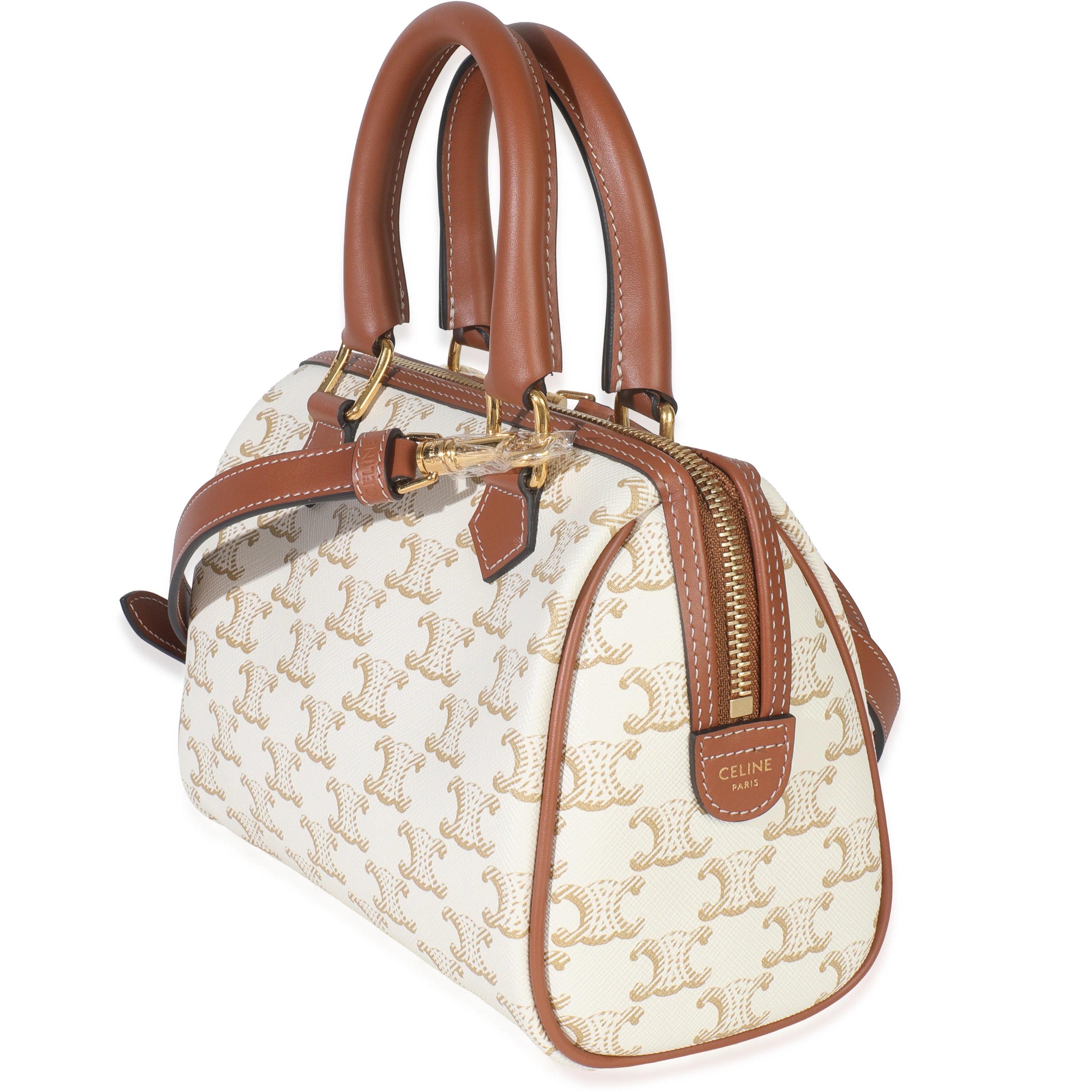Tan Calfskin White Triomphe Canvas Small Boston Bag - Image 2