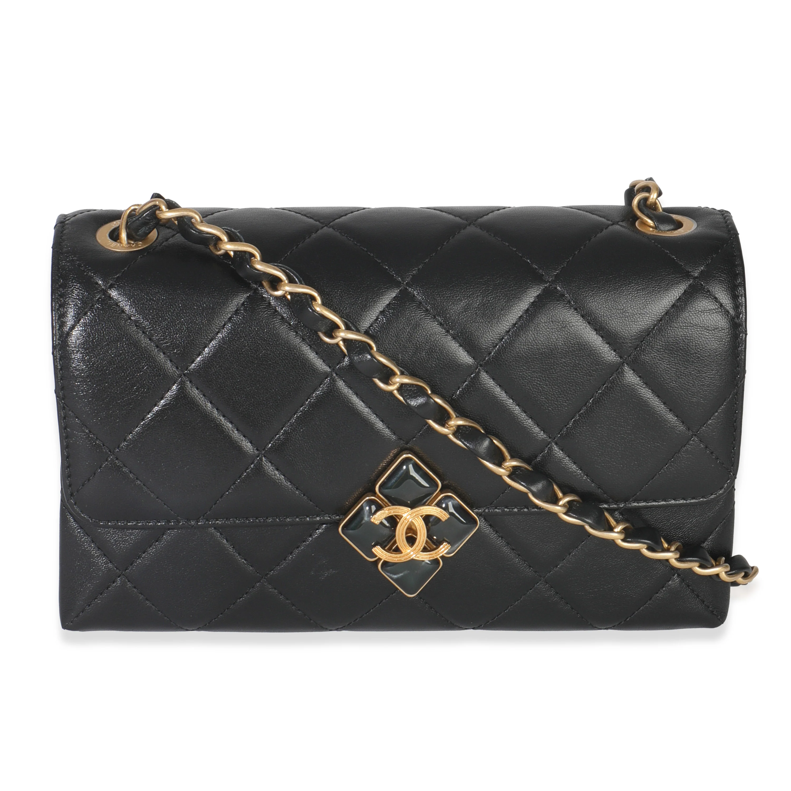 Black Quilted Lambskin Small Diamond Lock Flap Bag