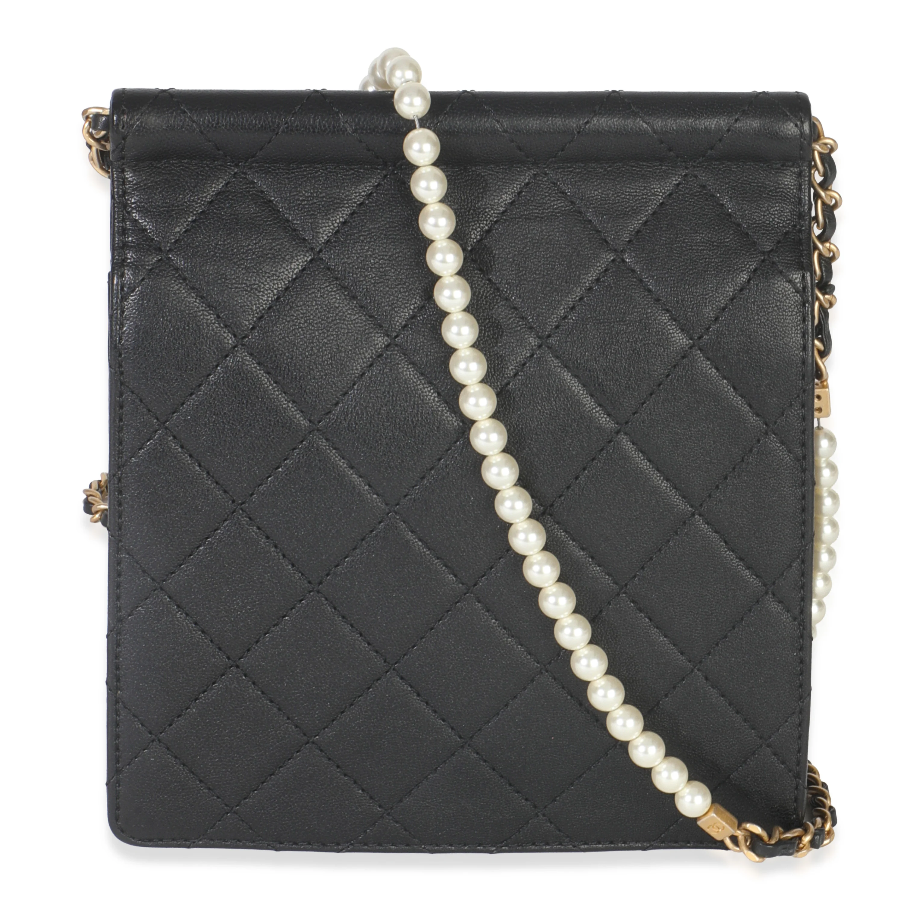 Black Quilted Goatskin Vertical Chic Pearls Flap Bag - Image 3