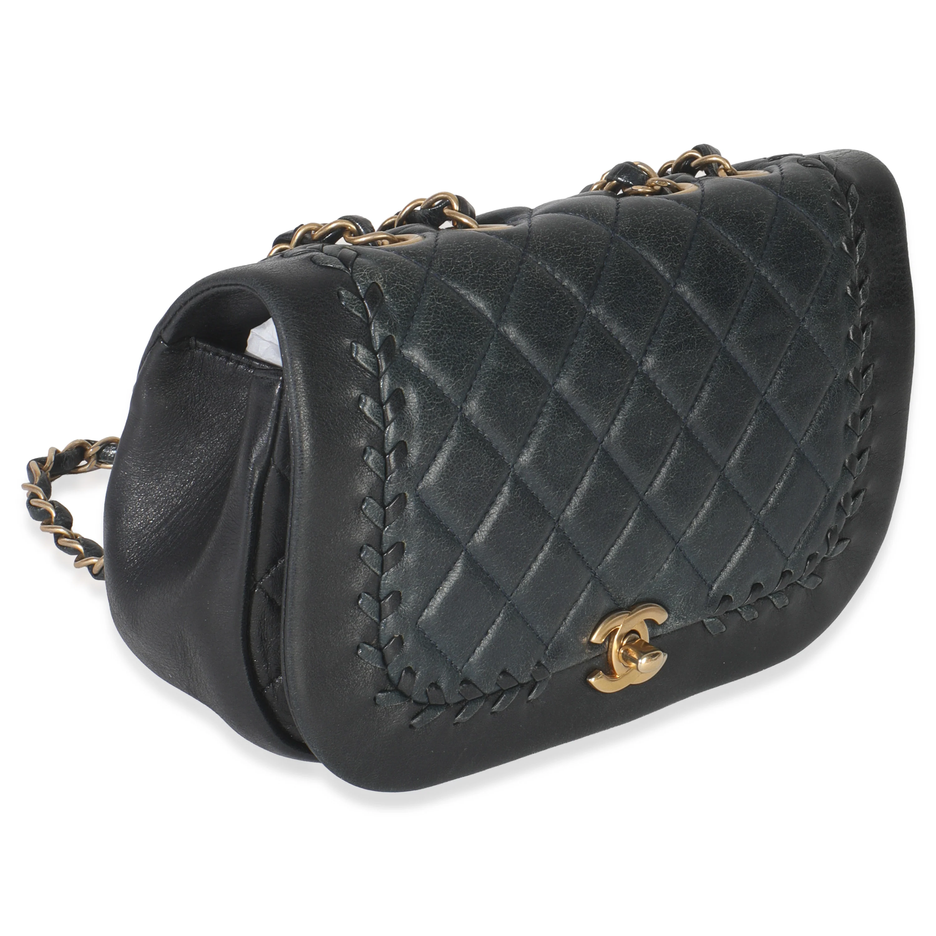 Black Quilted Lambskin CC Braided Saddle Flap Bag - Image 3