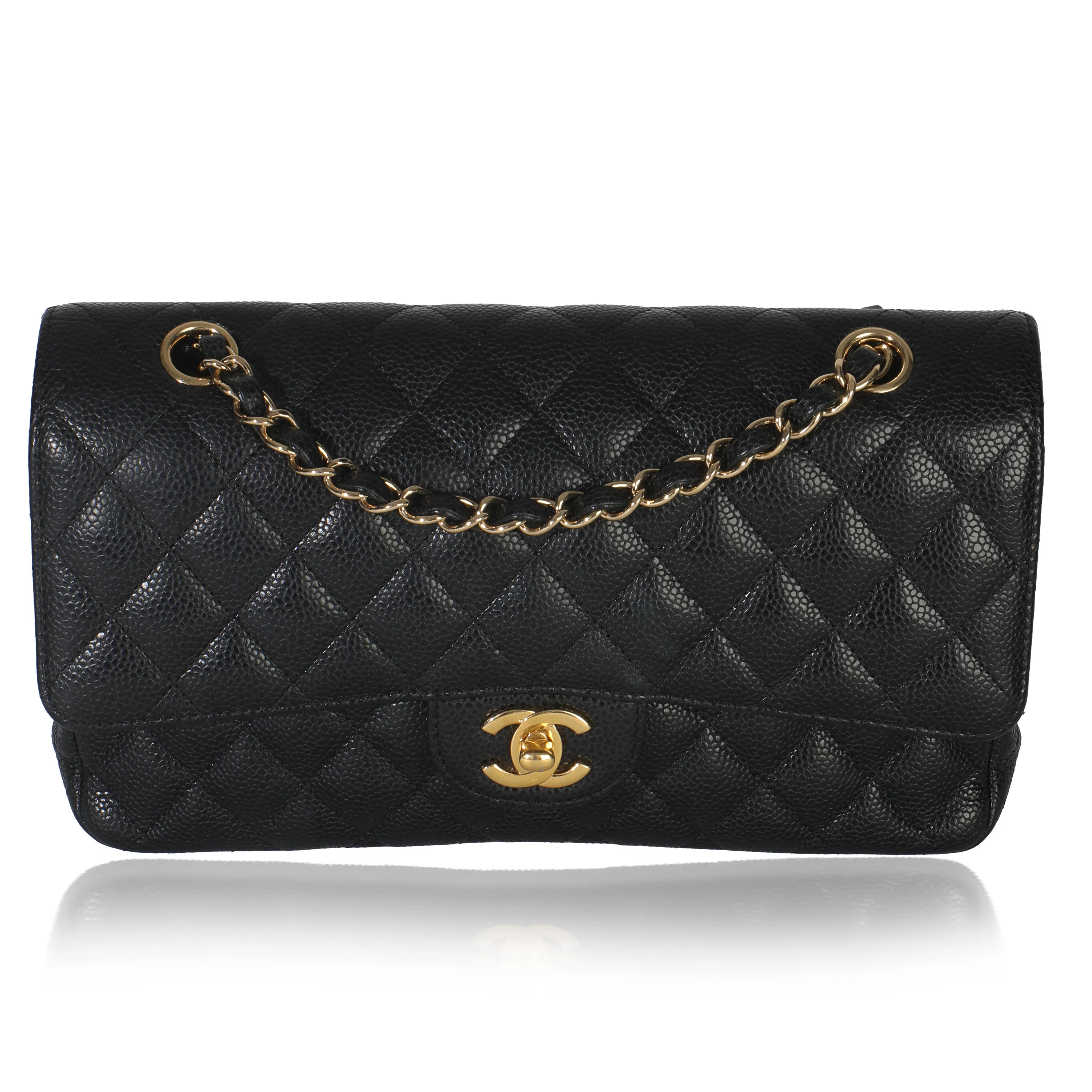 Black Quilted Caviar Medium Classic Double Flap Bag