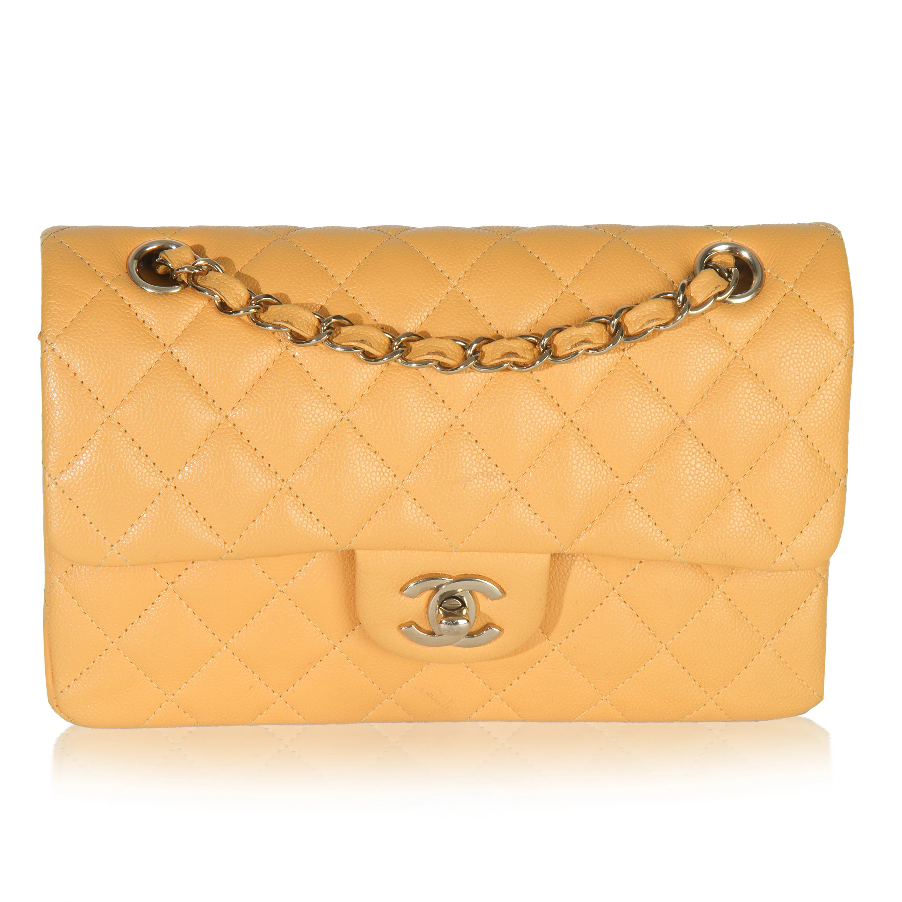 Yellow Caviar Quilted Small Classic Double Flap Handbag