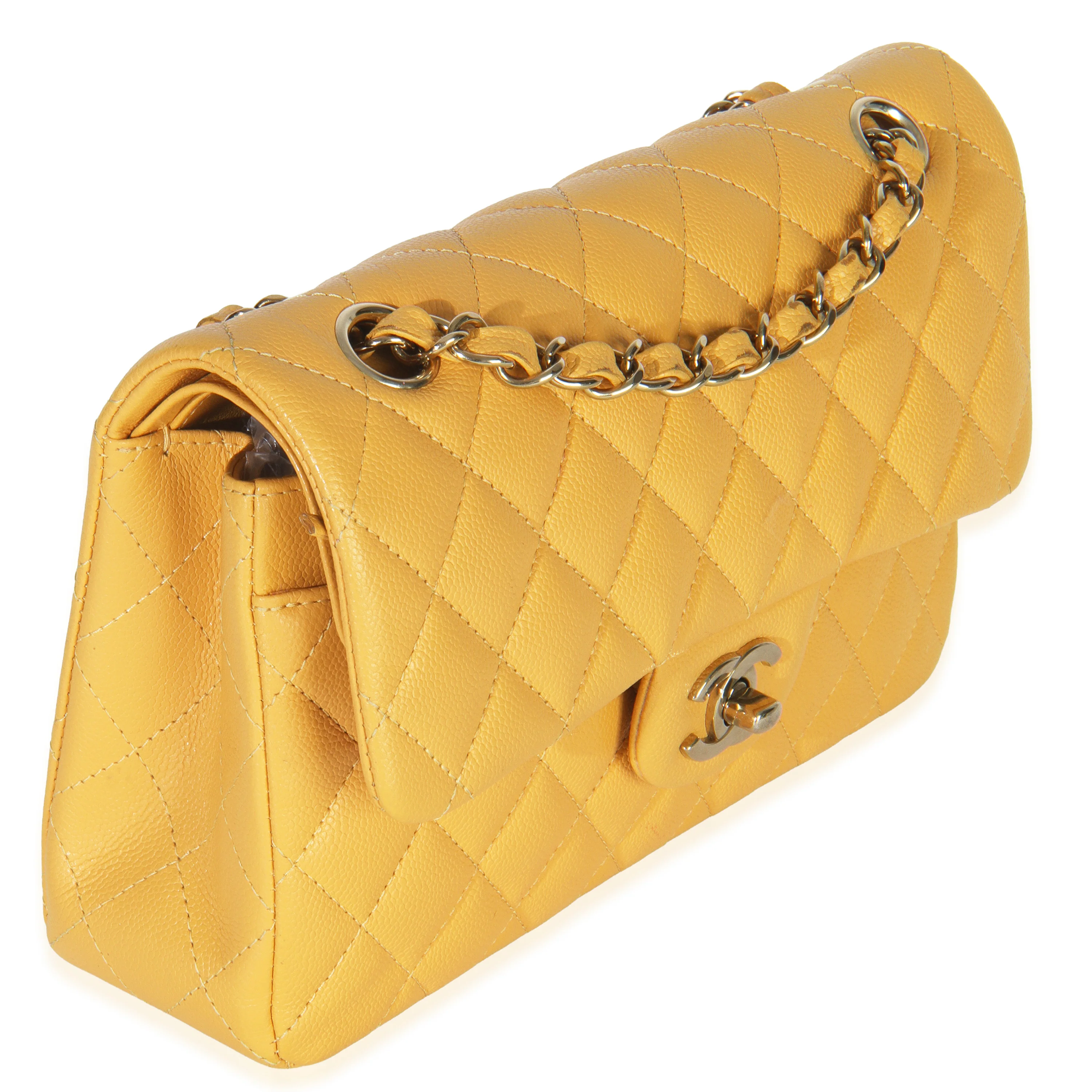 Yellow Caviar Quilted Small Classic Double Flap Handbag - Image 3