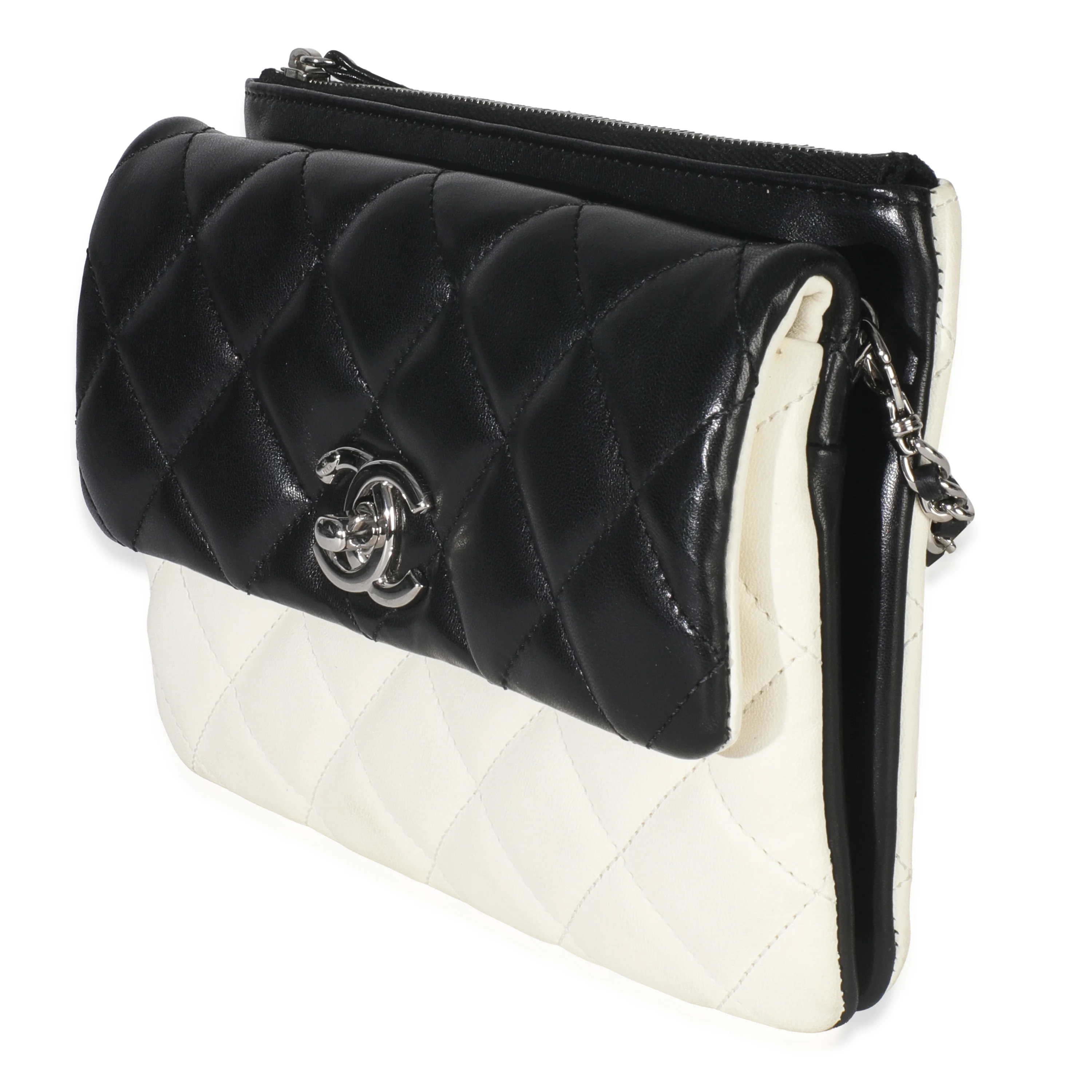 Black White Quilted Lambskin Front Pocket Chain Flap Bag - Image 2