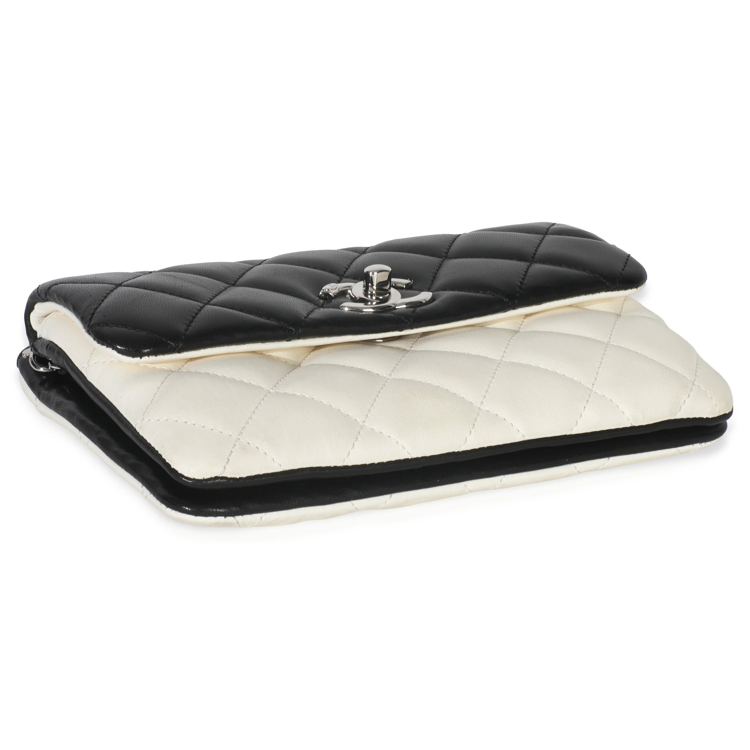Black White Quilted Lambskin Front Pocket Chain Flap Bag - Image 6