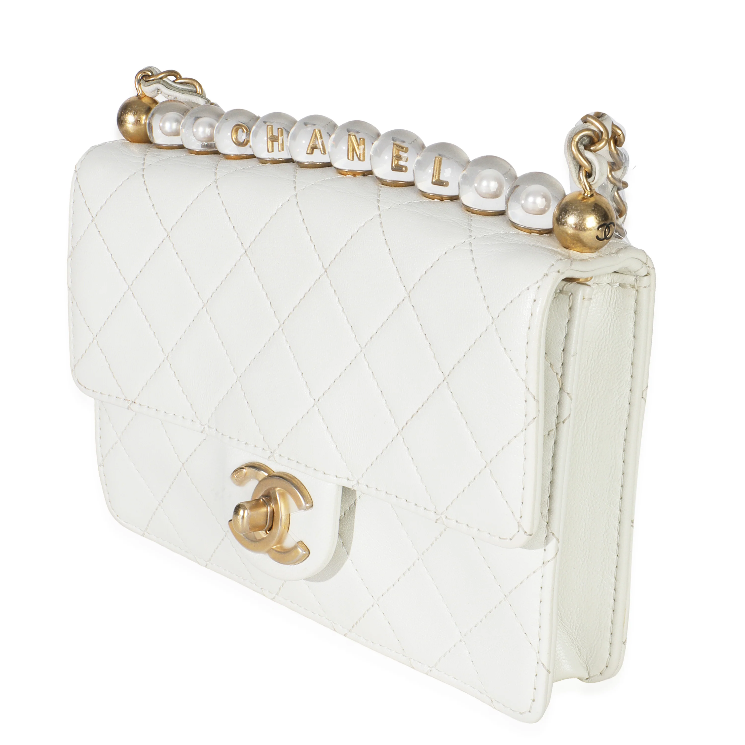 White Quilted Goatskin Small Chic Pearls Flap Bag - Image 2
