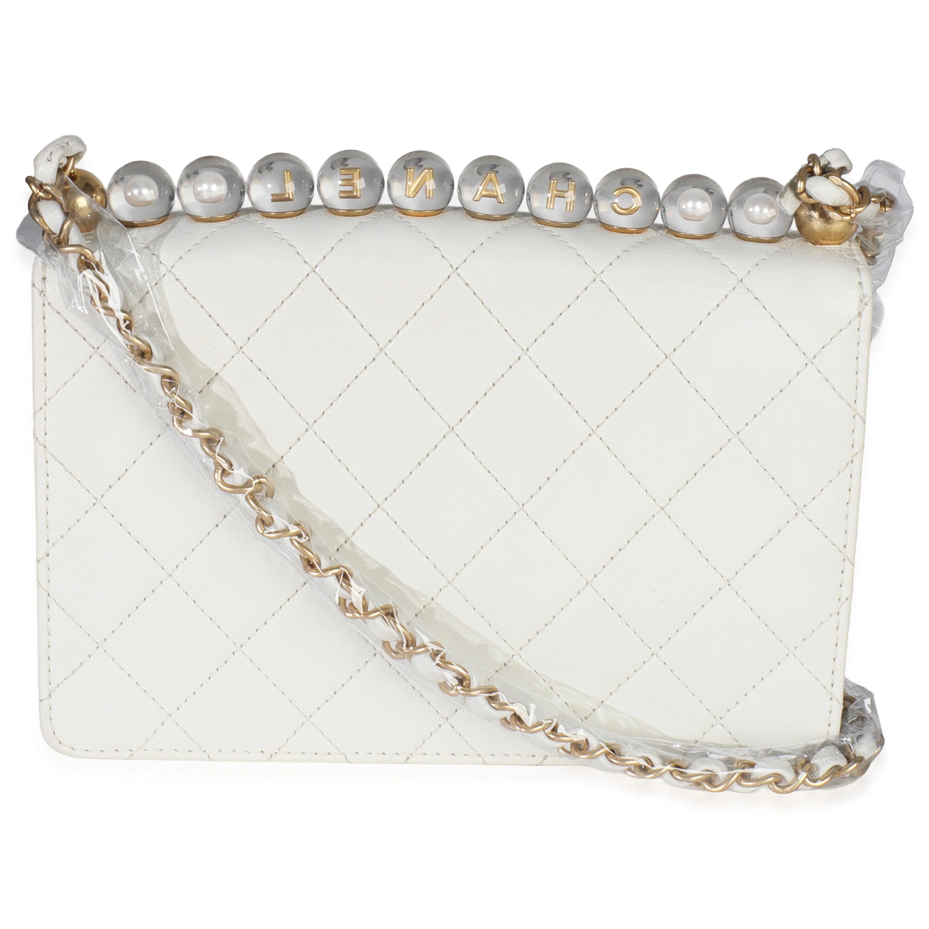 White Quilted Goatskin Small Chic Pearls Flap Bag - Image 4