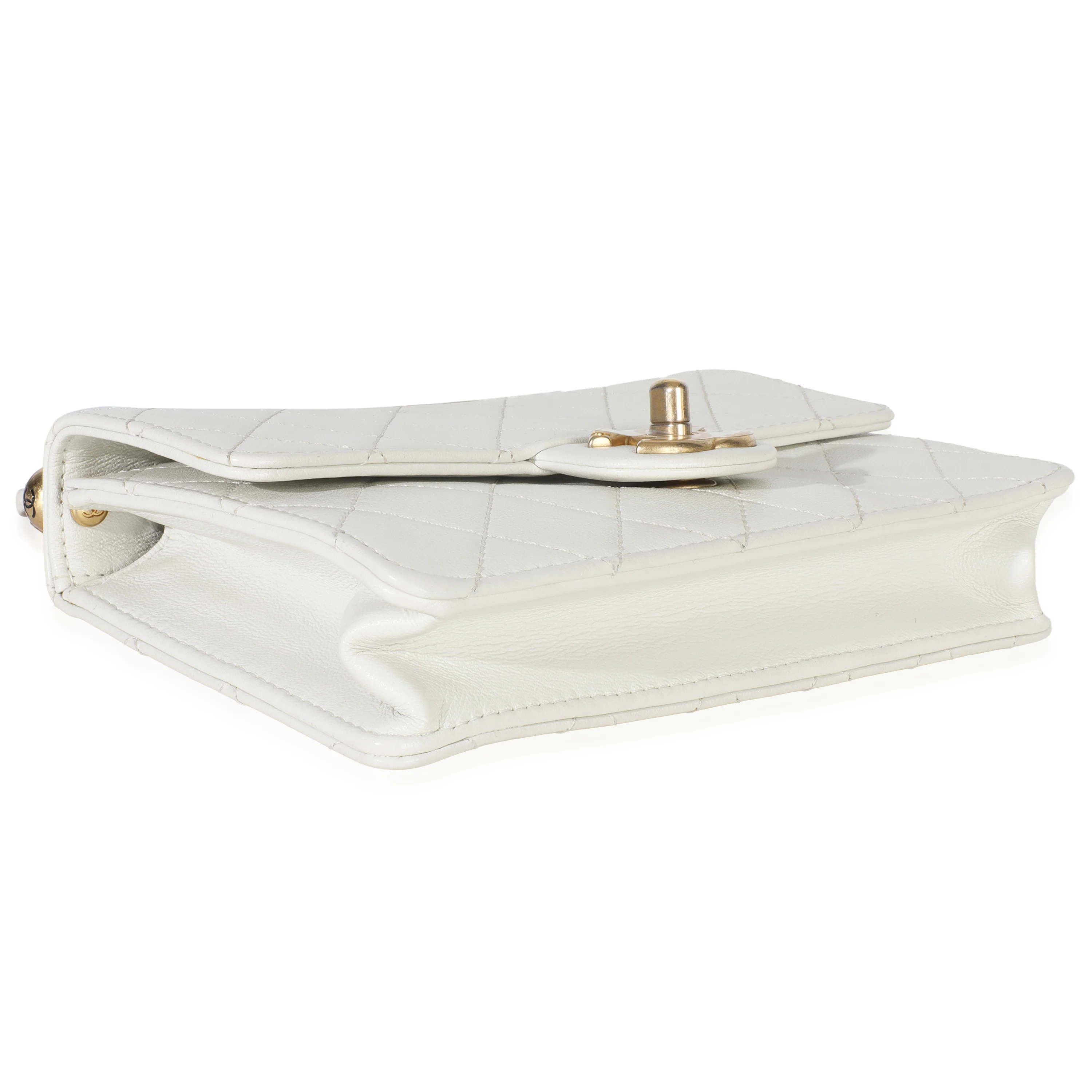 White Quilted Goatskin Small Chic Pearls Flap Bag - Image 5
