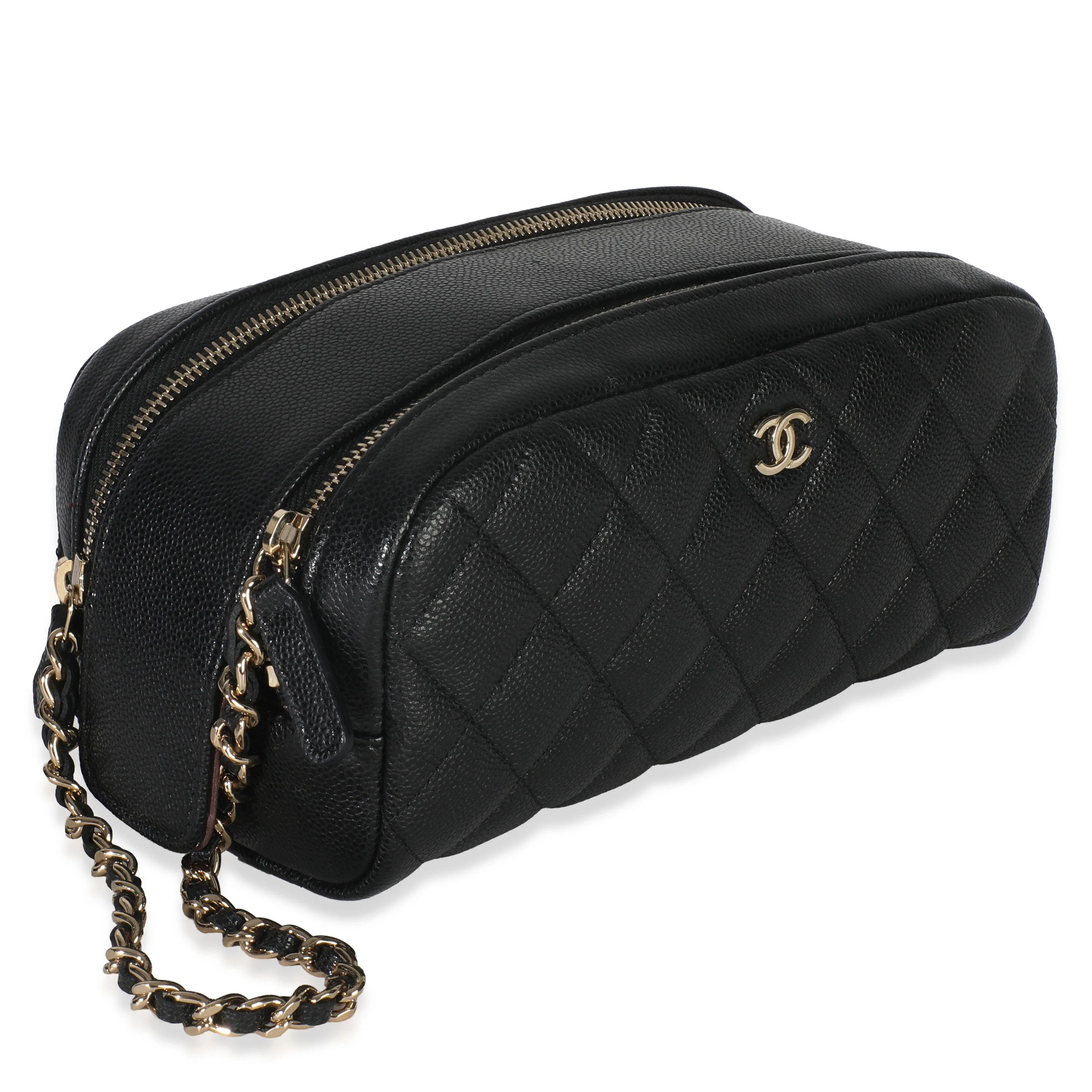Black Quilted Caviar Toiletry Case With Chain - Image 3
