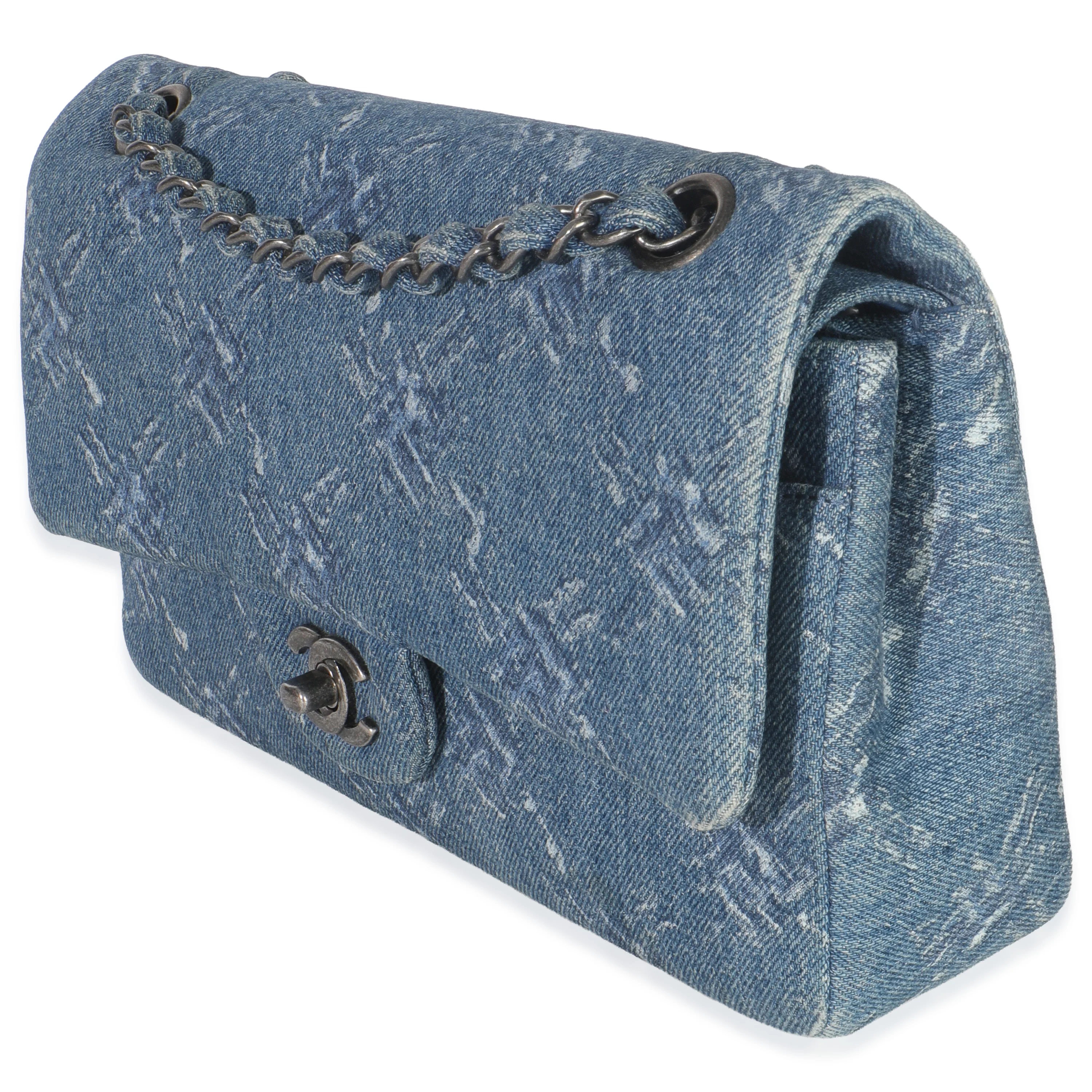 Blue Bleached Chain Printed Denim Medium Classic Double Flap Bag - Image 2
