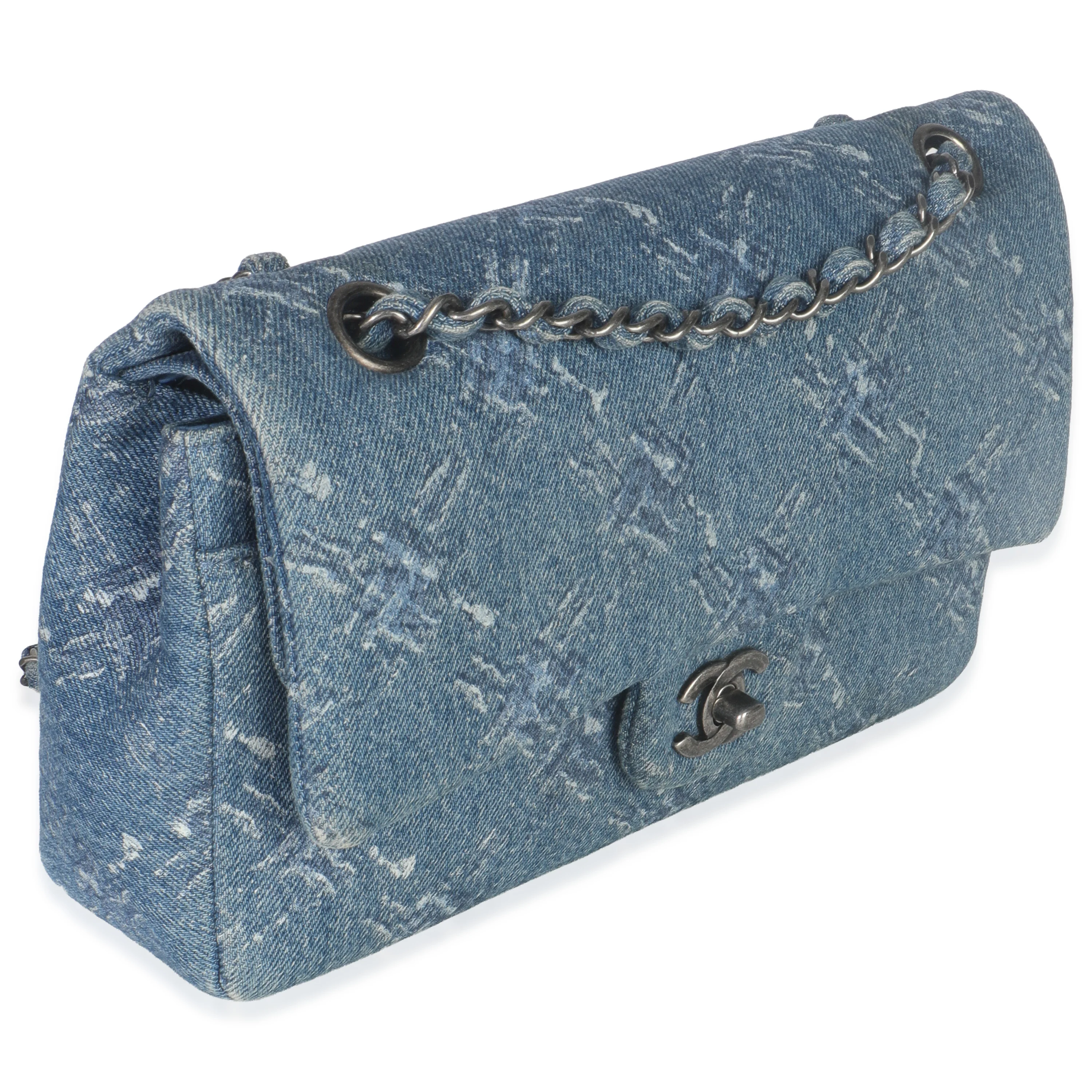 Blue Bleached Chain Printed Denim Medium Classic Double Flap Bag - Image 3
