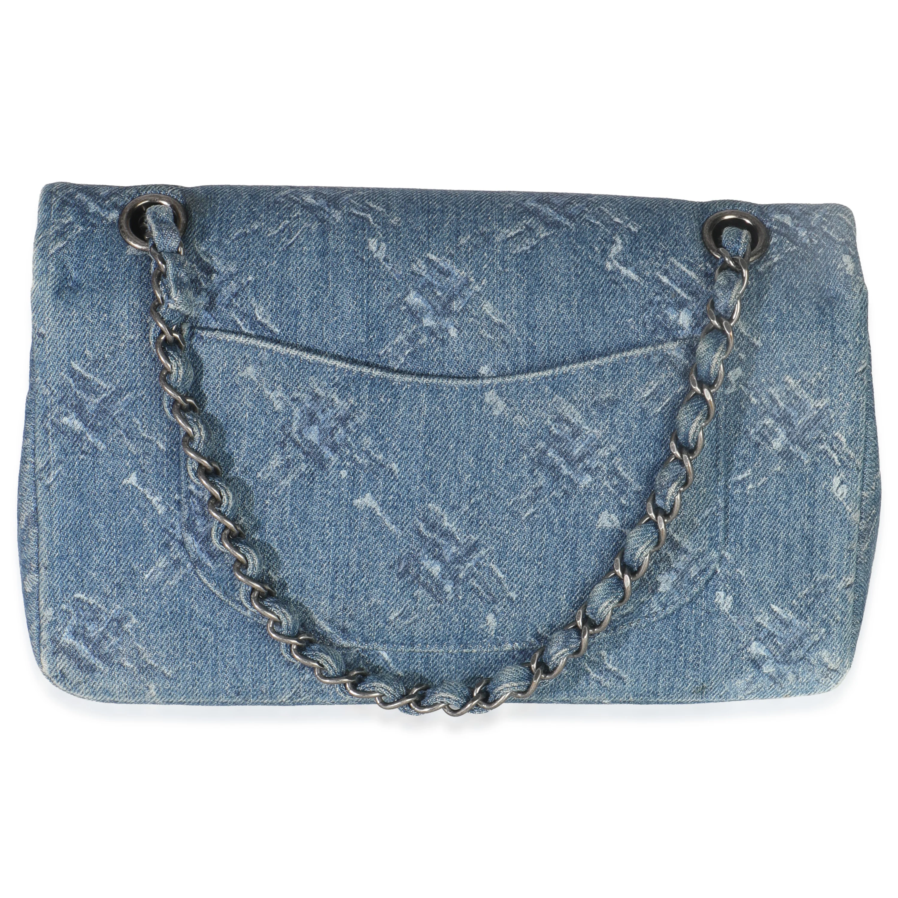 Blue Bleached Chain Printed Denim Medium Classic Double Flap Bag - Image 4
