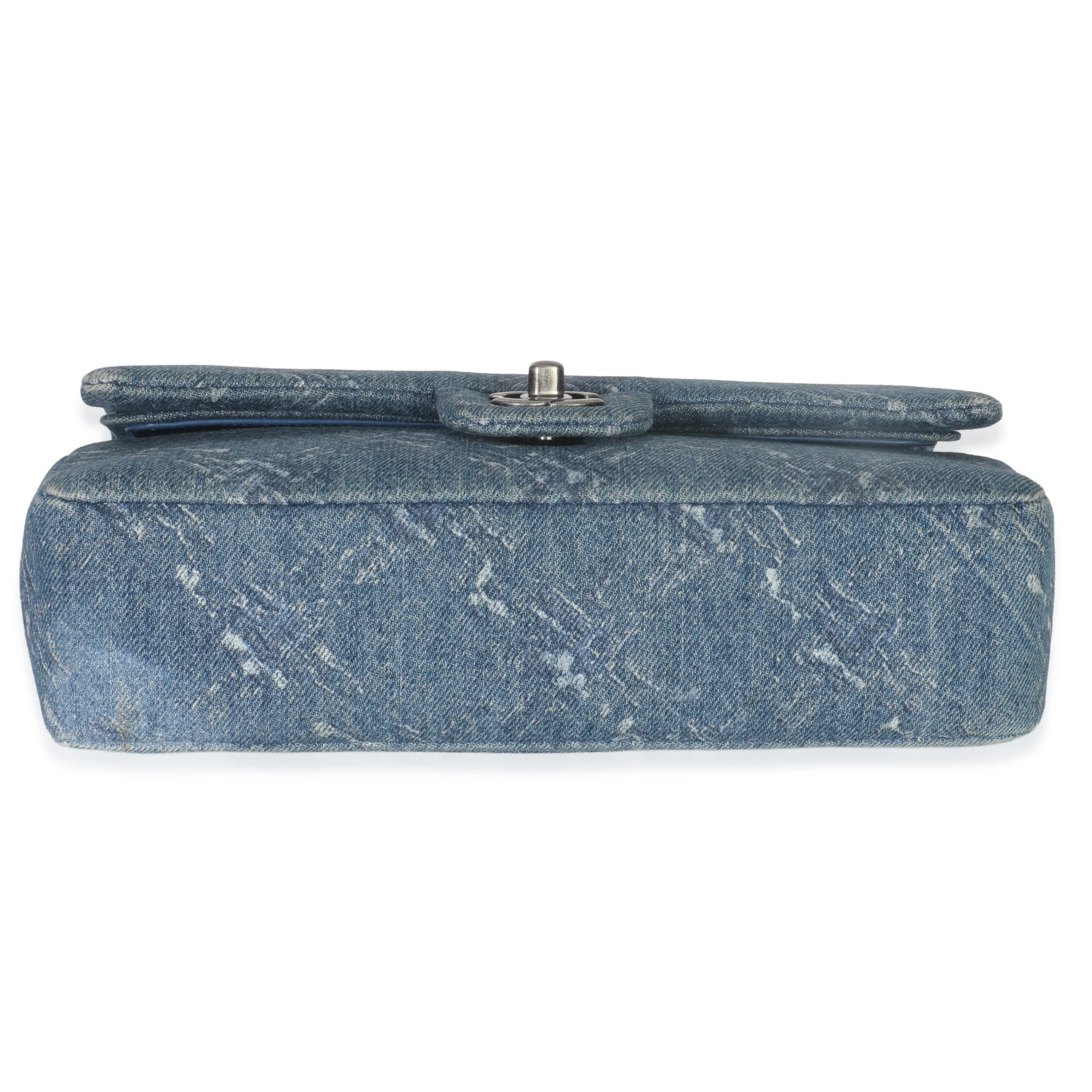 Blue Bleached Chain Printed Denim Medium Classic Double Flap Bag - Image 5