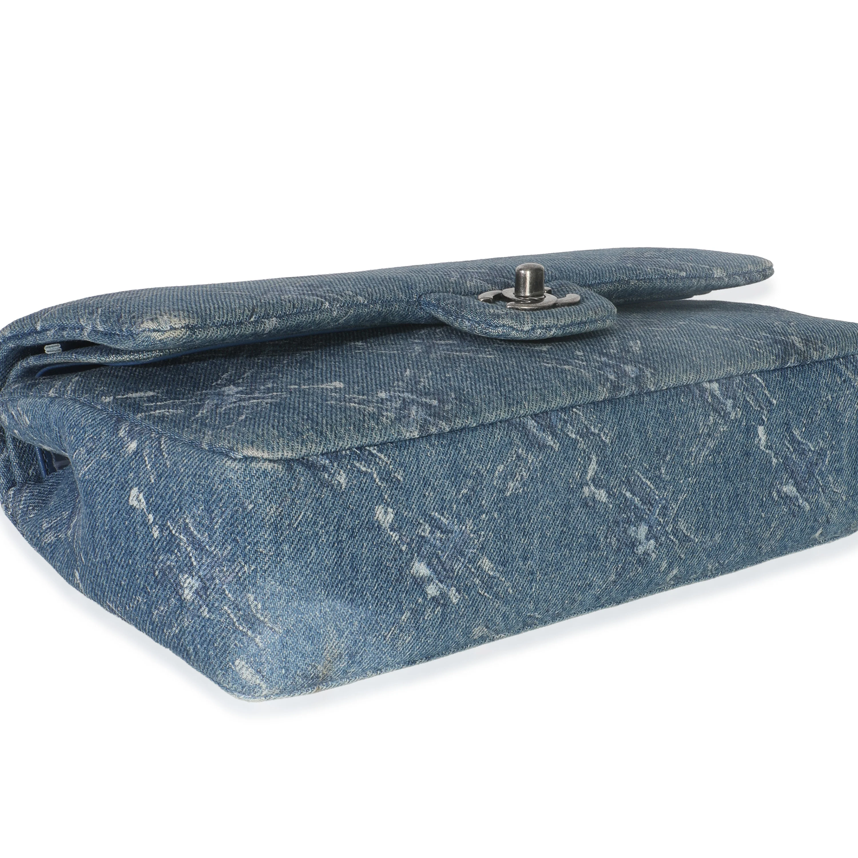 Blue Bleached Chain Printed Denim Medium Classic Double Flap Bag - Image 6