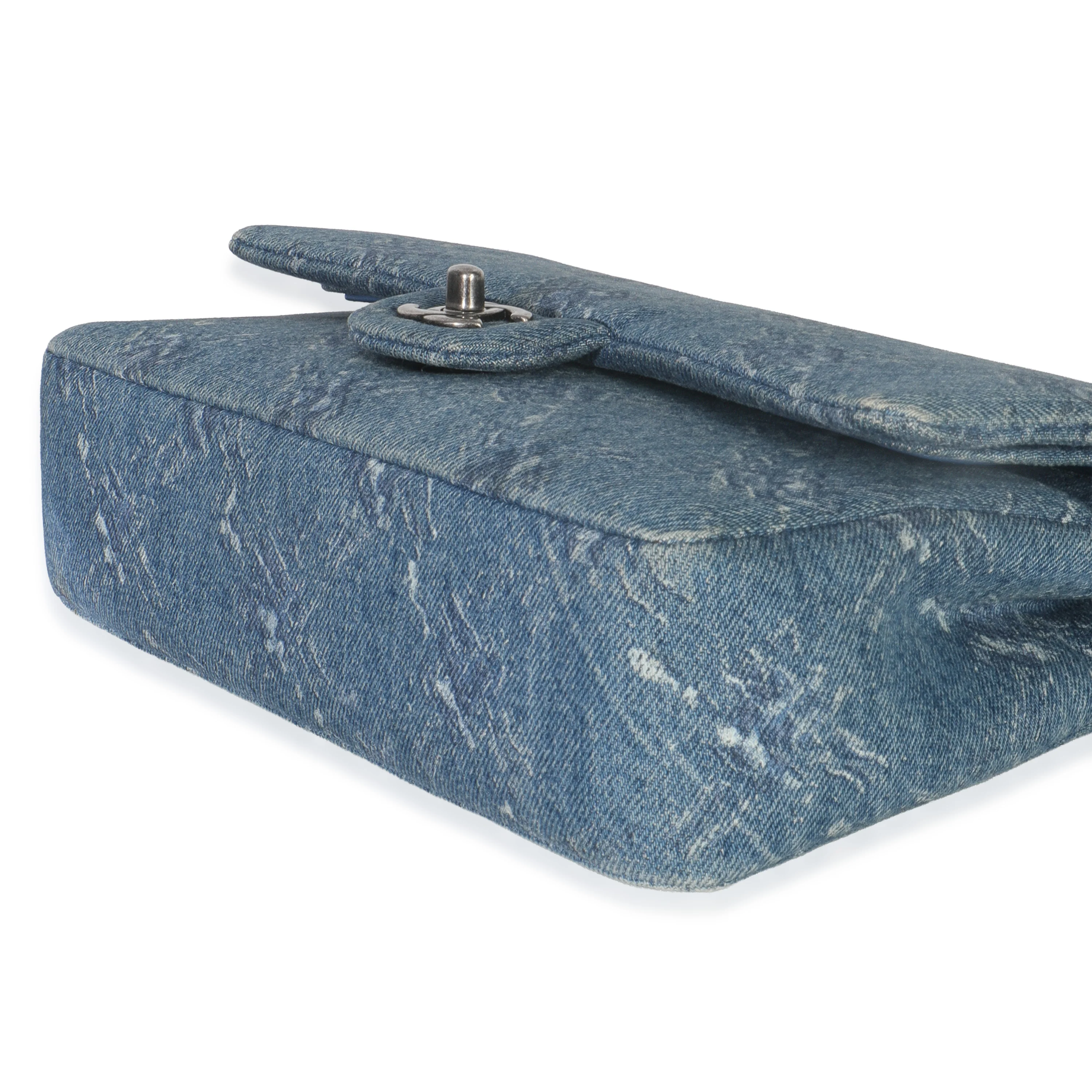 Blue Bleached Chain Printed Denim Medium Classic Double Flap Bag - Image 7