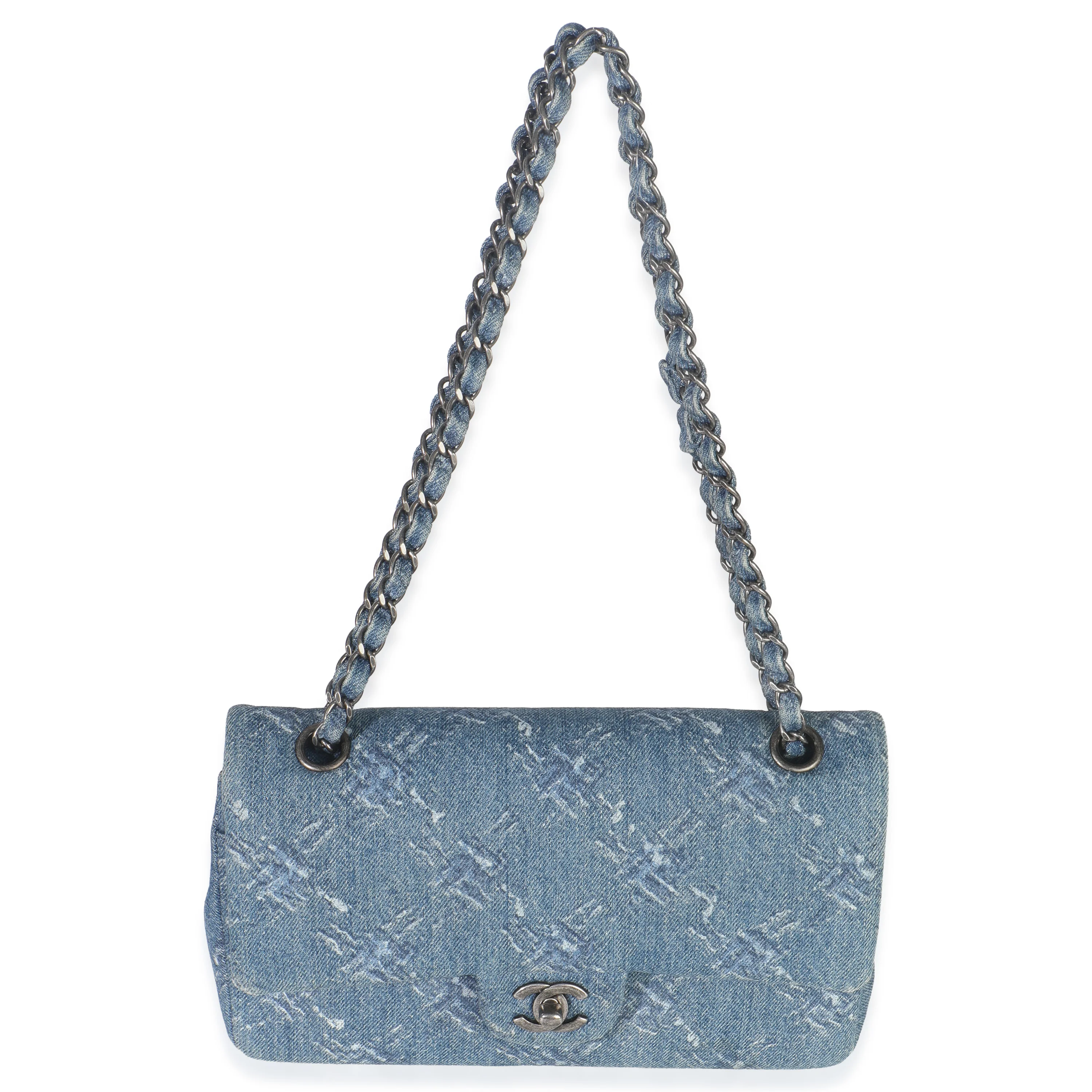 Blue Bleached Chain Printed Denim Medium Classic Double Flap Bag - Image 8