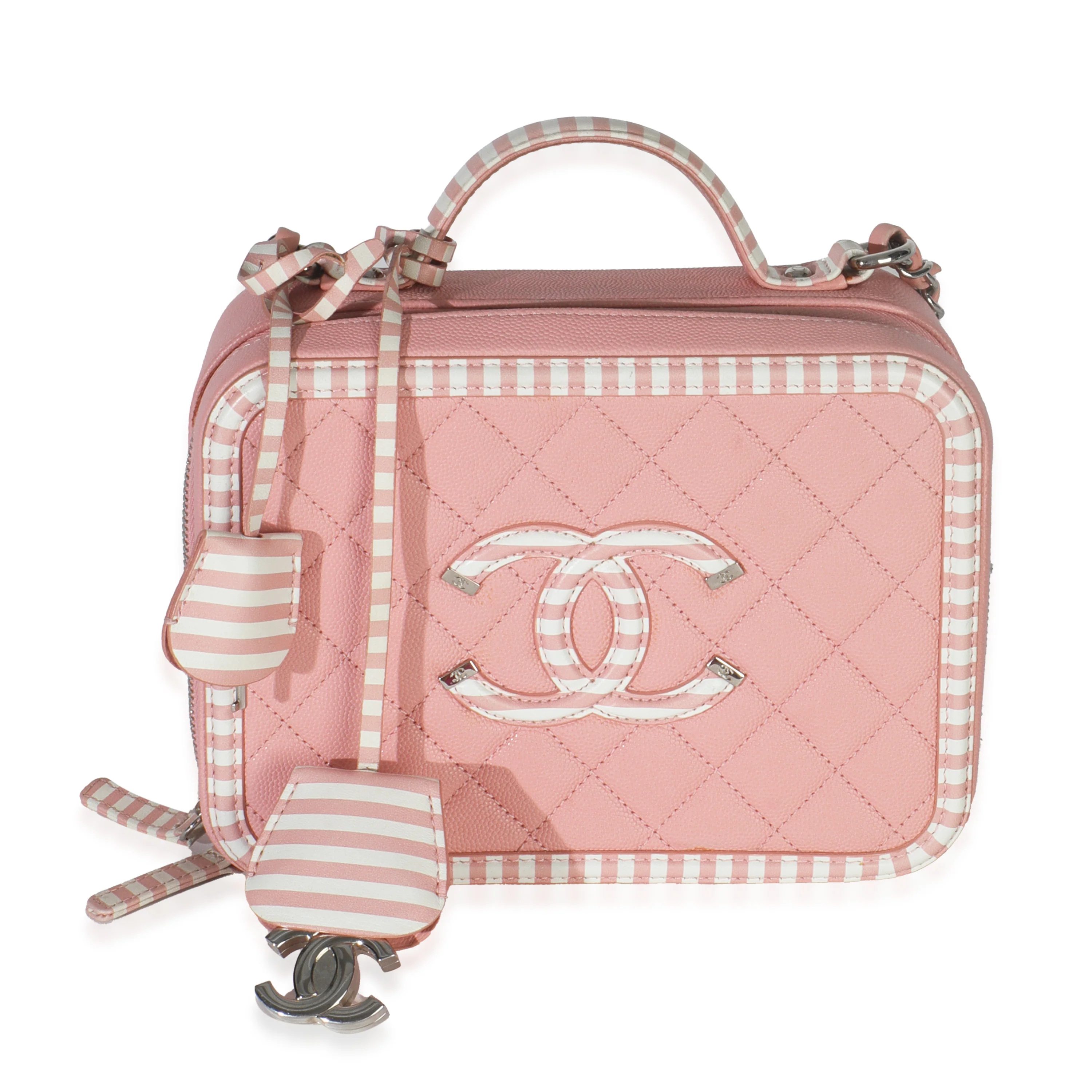Pink Quilted Caviar Striped Medium CC Filigree Vanity Case