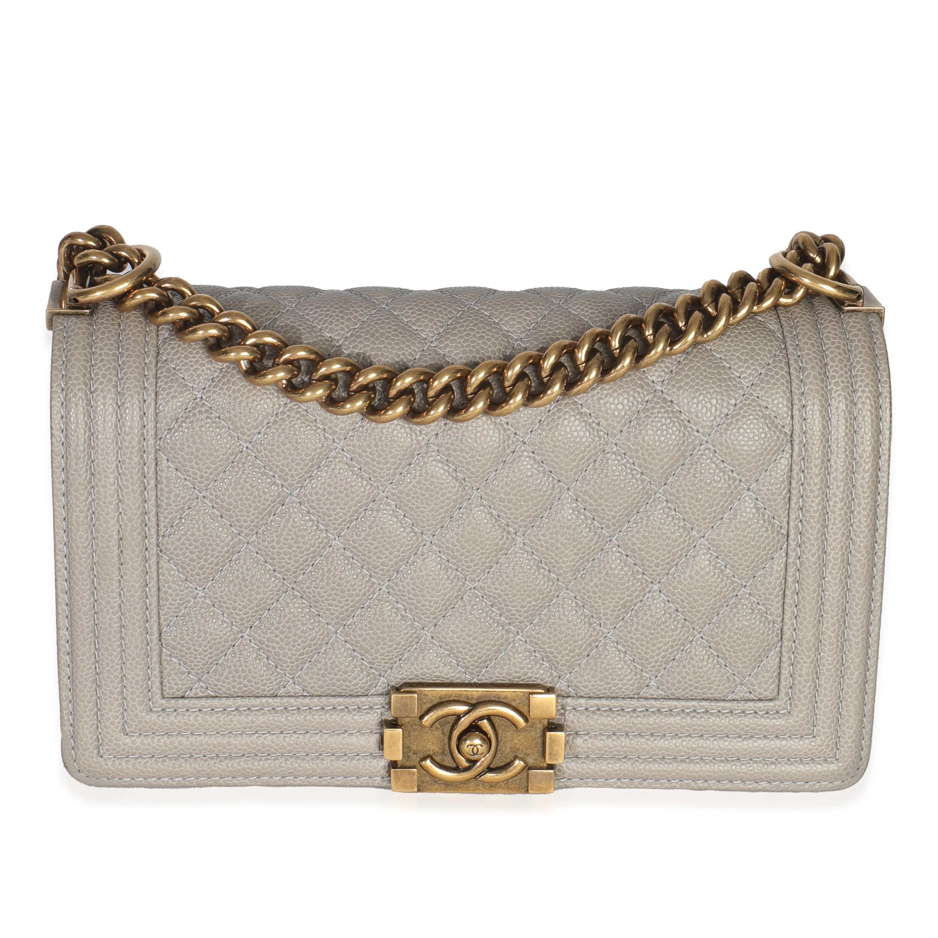 Beige Quilted Caviar Old Medium Boy Handbag