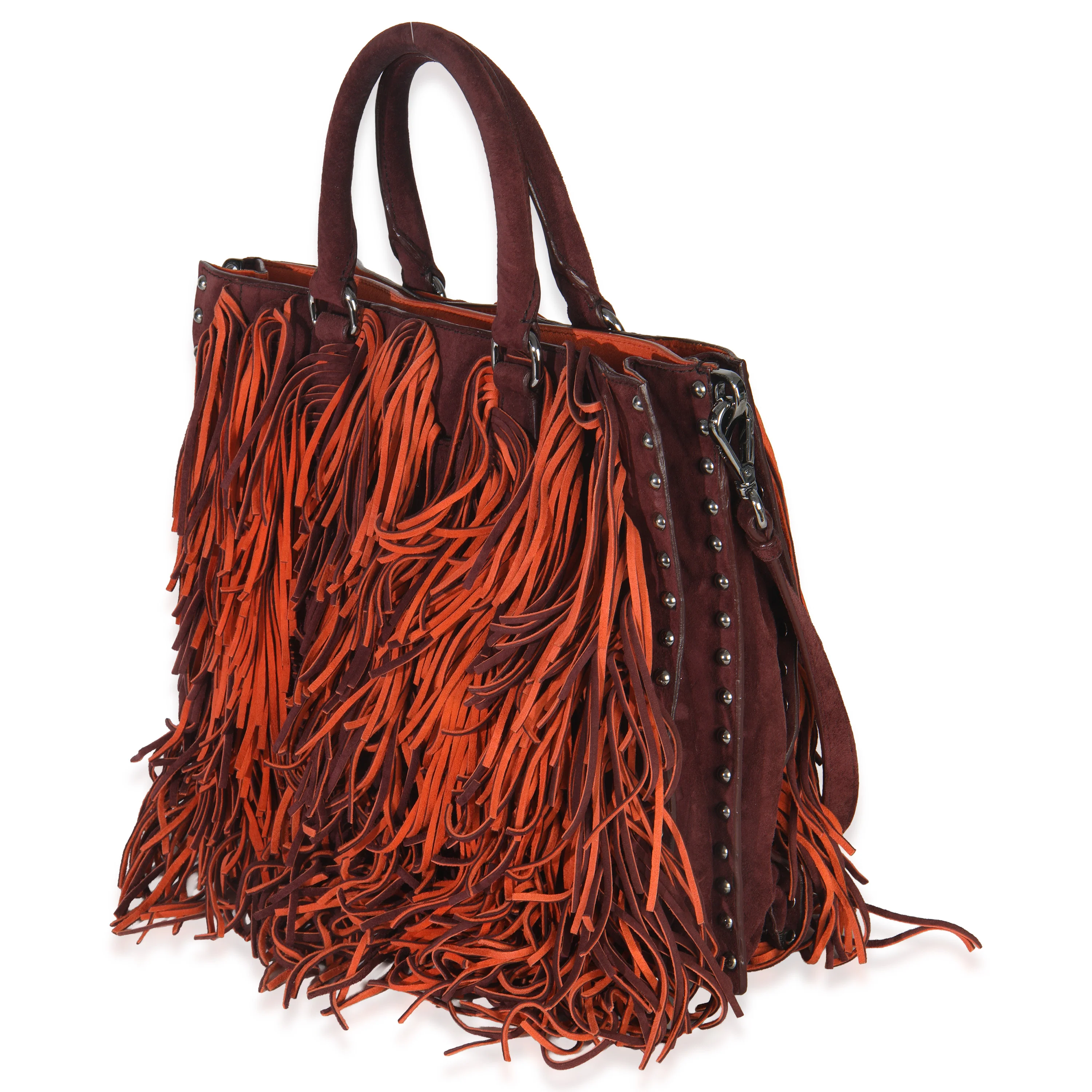 Vintage Red Orange Suede Fringe Tote Bag - Image 2