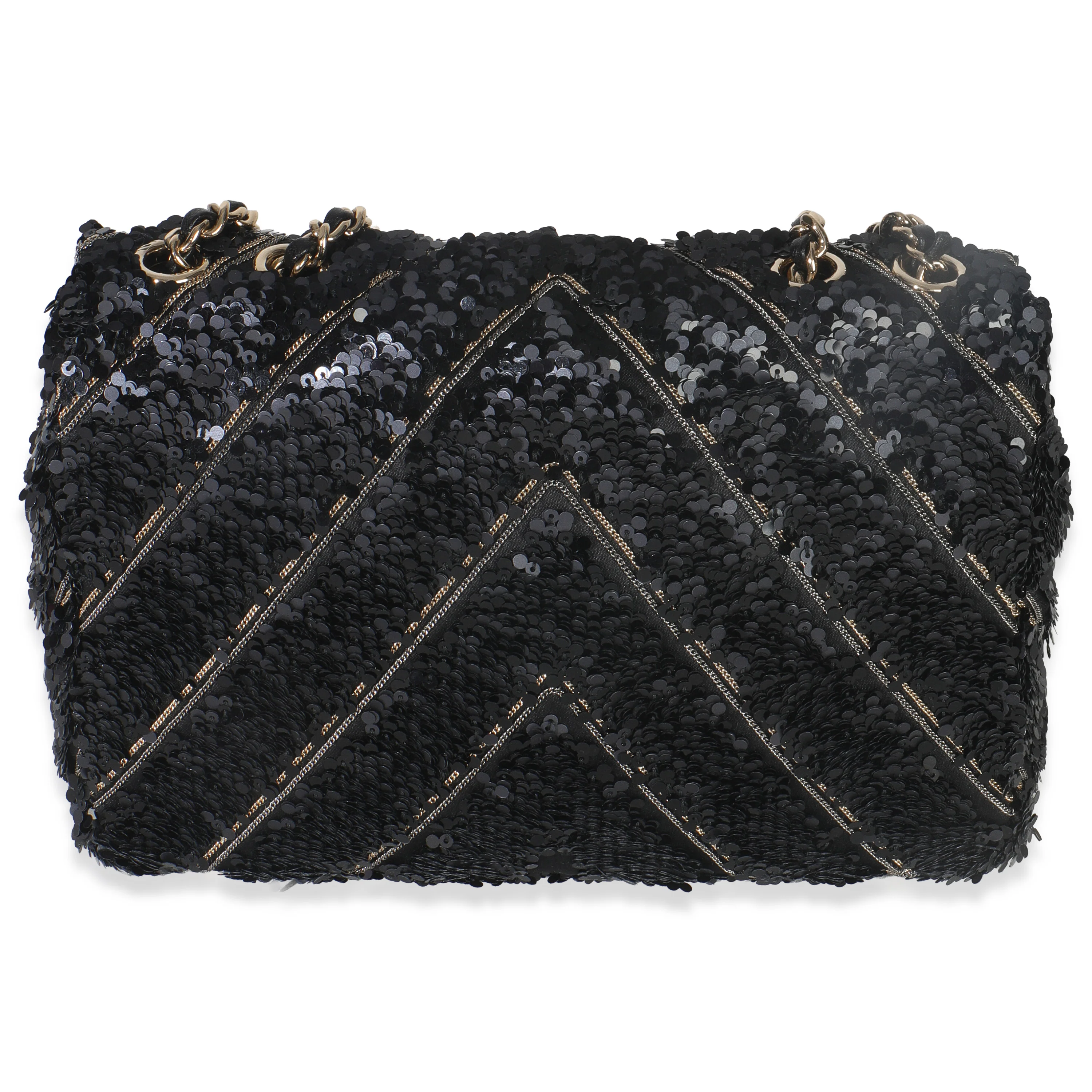 Black Silk Sequin Chain Chevron Mini Single Flap Bag - Image 4