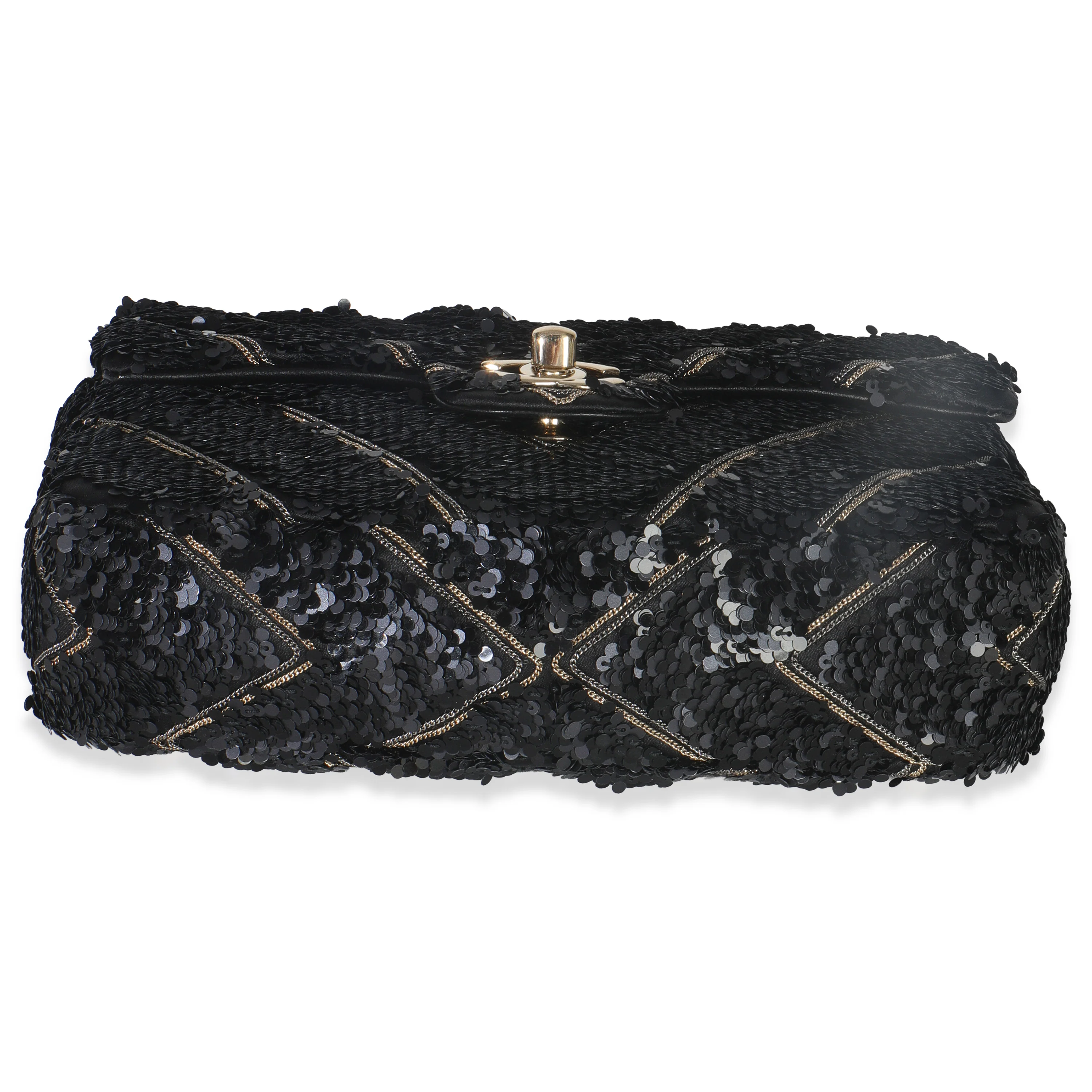 Black Silk Sequin Chain Chevron Mini Single Flap Bag - Image 5