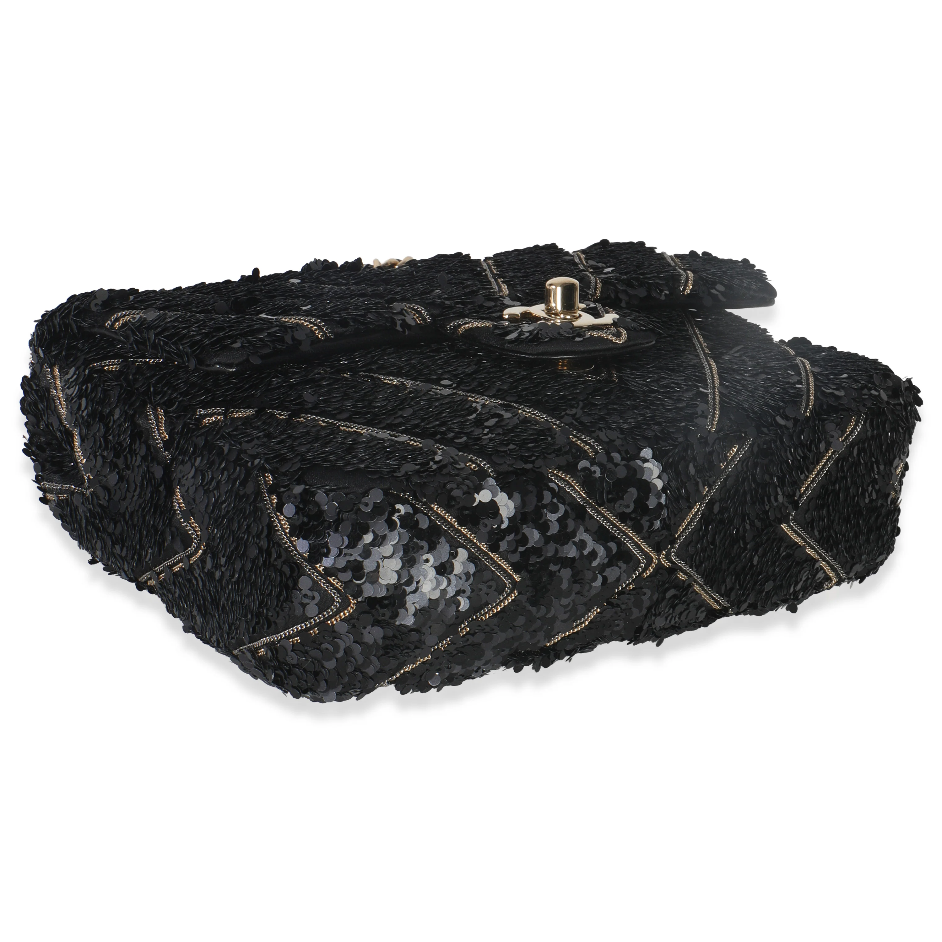 Black Silk Sequin Chain Chevron Mini Single Flap Bag - Image 6