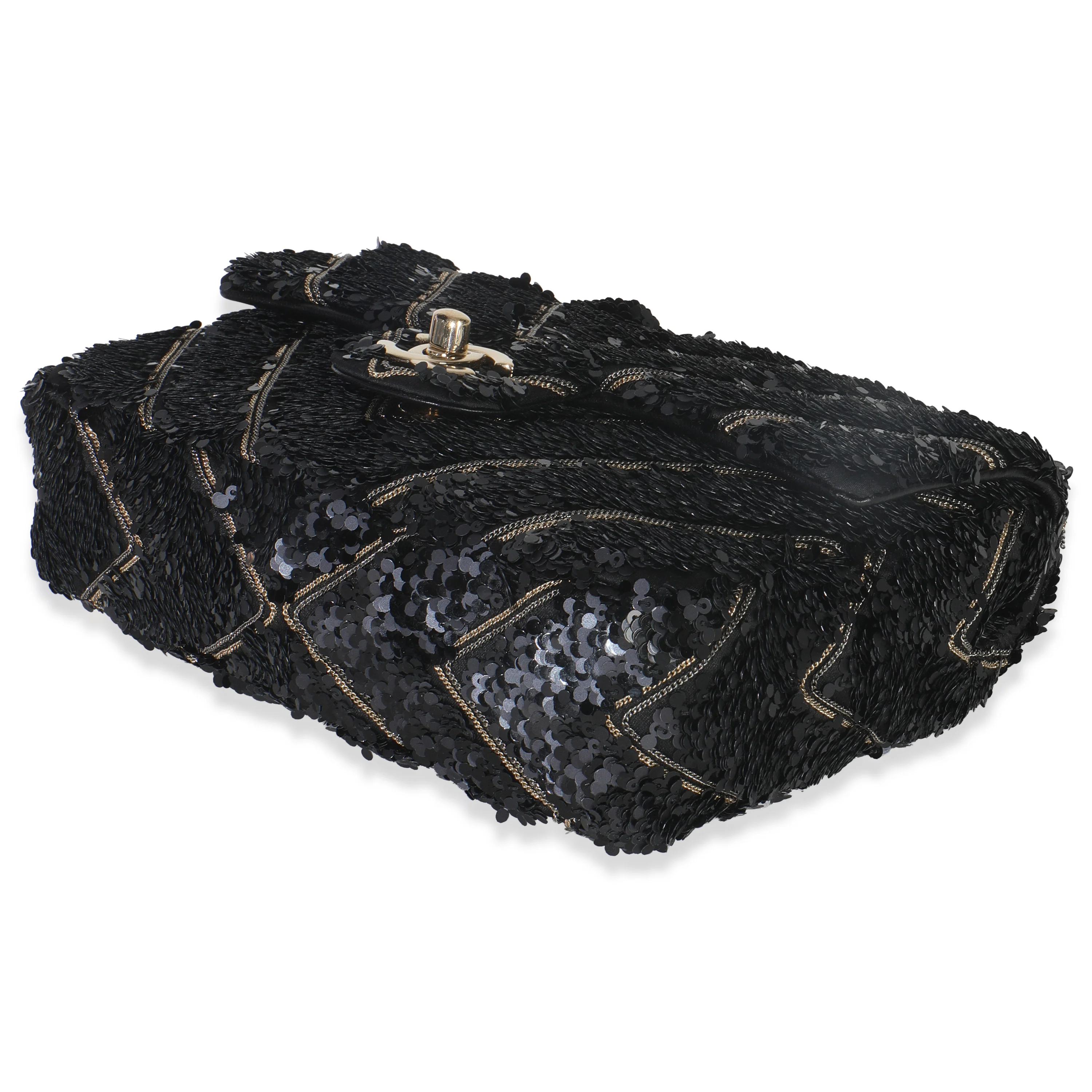 Black Silk Sequin Chain Chevron Mini Single Flap Bag - Image 7