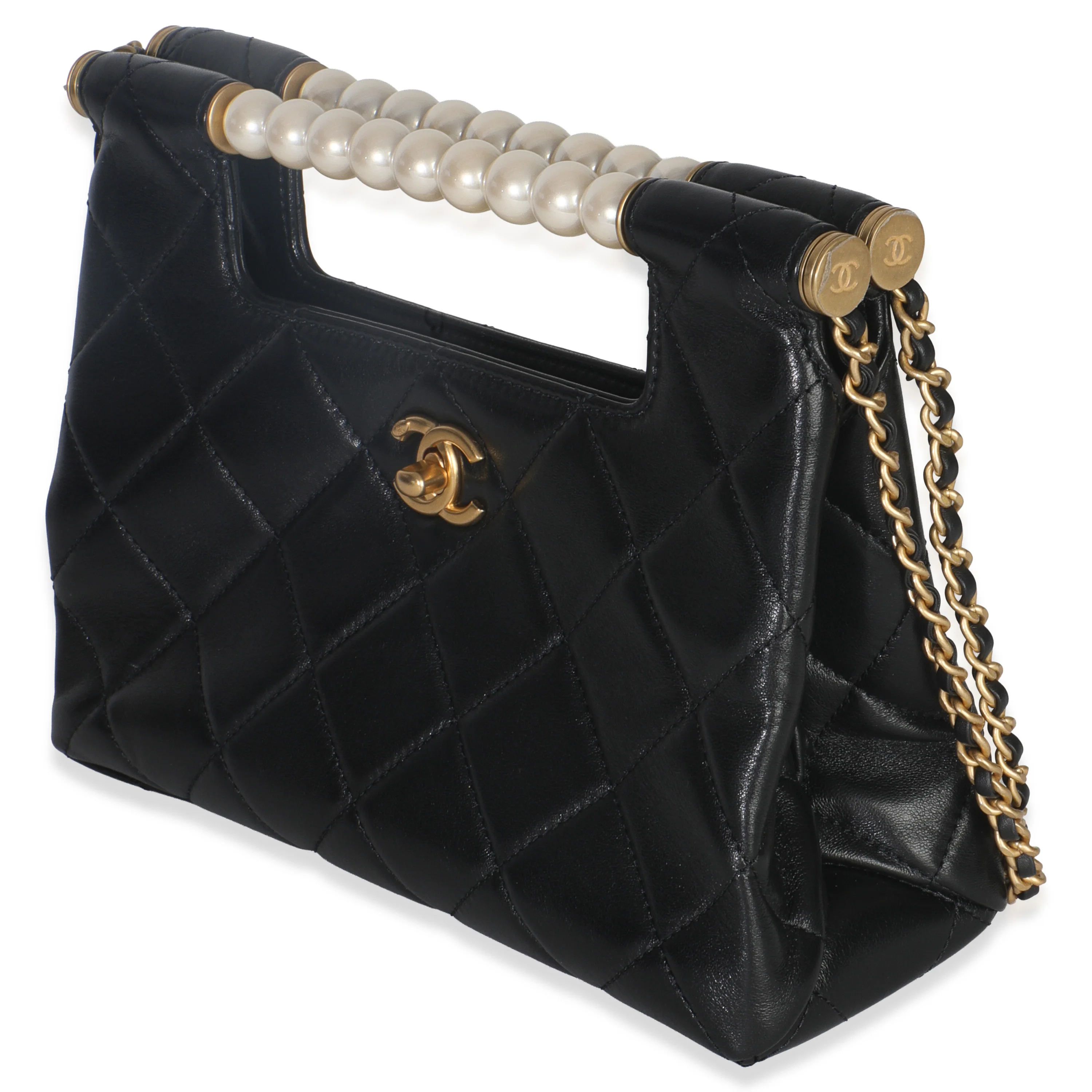 25P Black Shiny Quilted Lambskin Pearl Small Shopping Bag - Image 2