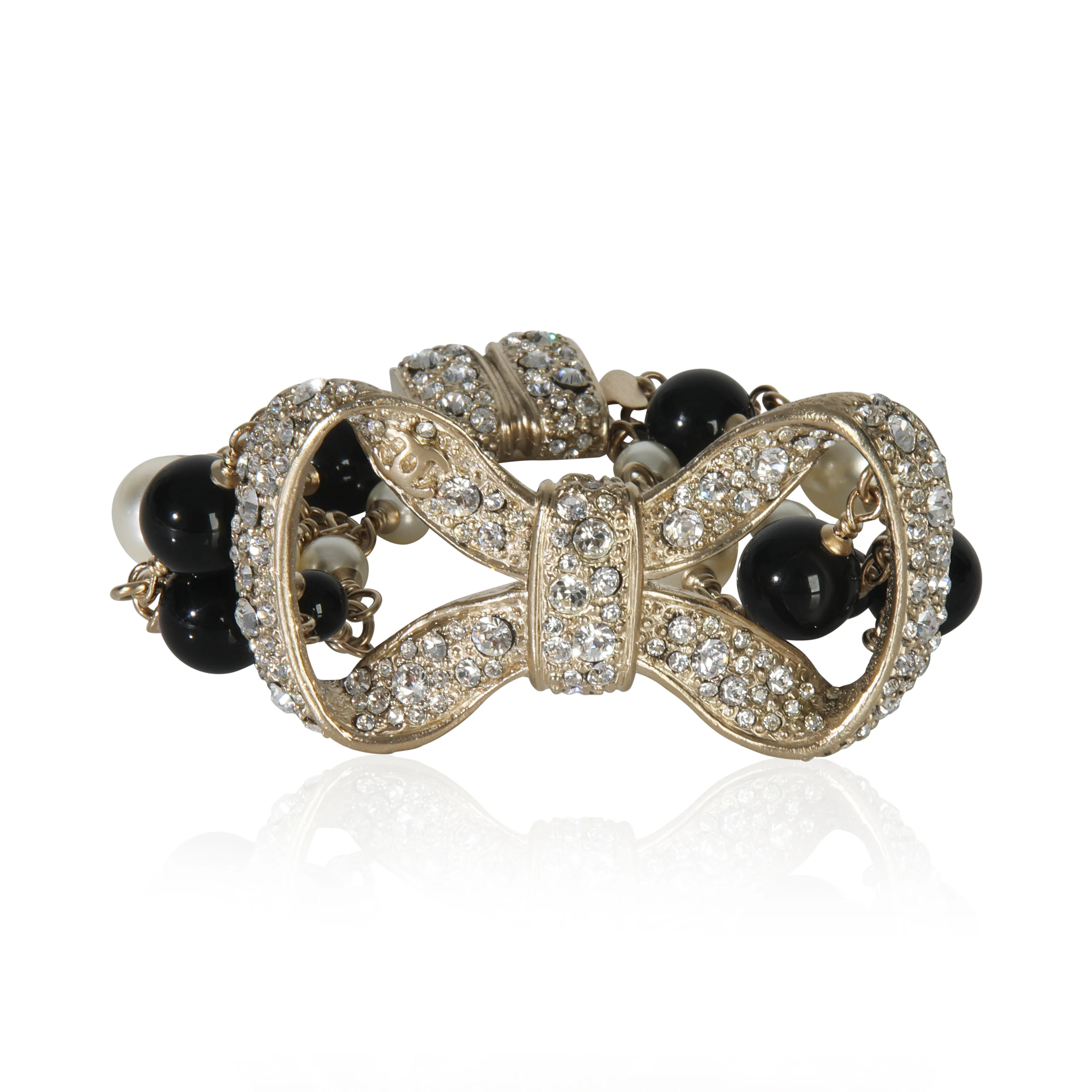 Gold-Plated 2010 Strass Bow Bracelet With Bead & Faux Pearls Bracelet