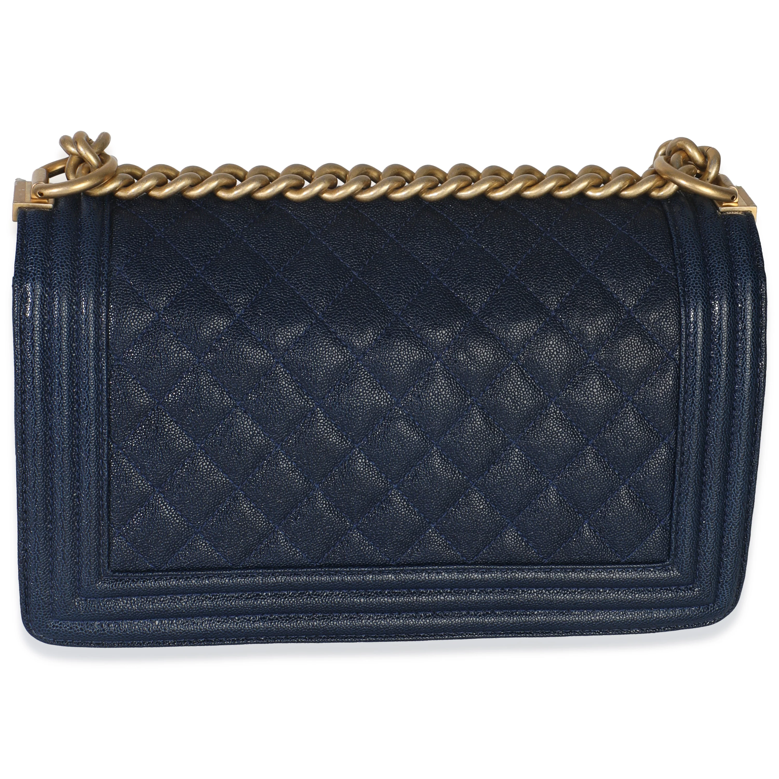 Navy Quilted Caviar Old Medium Boy Handbag - Image 4