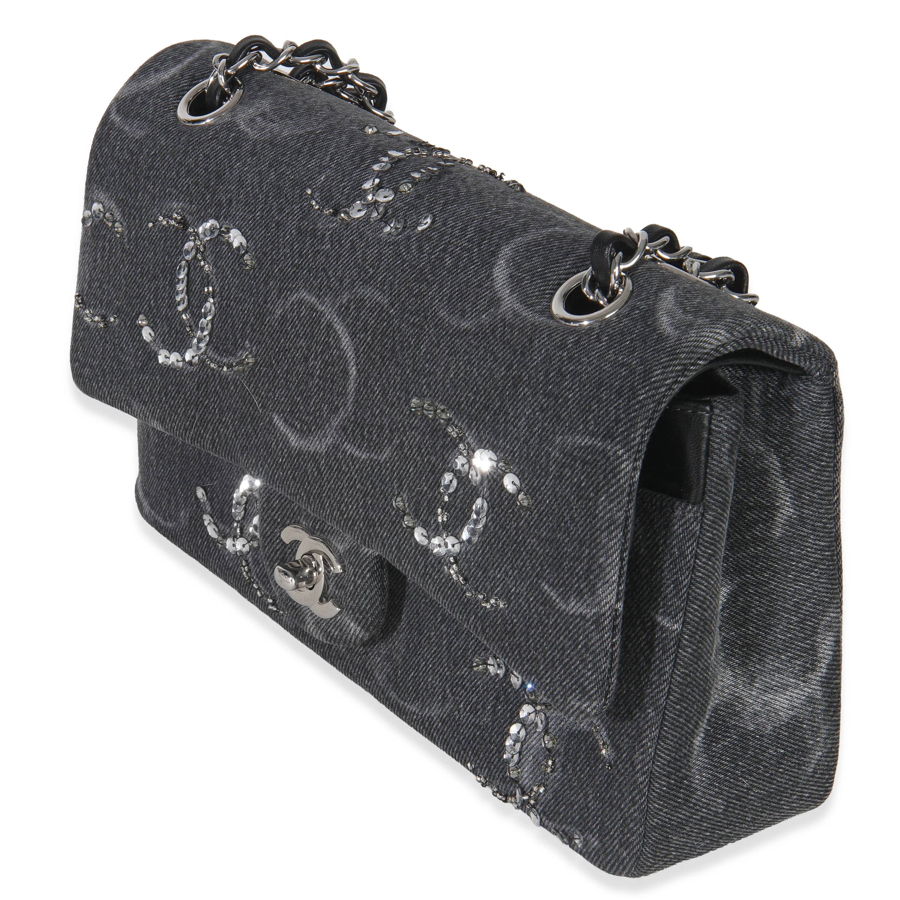 Black Denim Sequin CC Medium Classic Double Flap Bag - Image 2