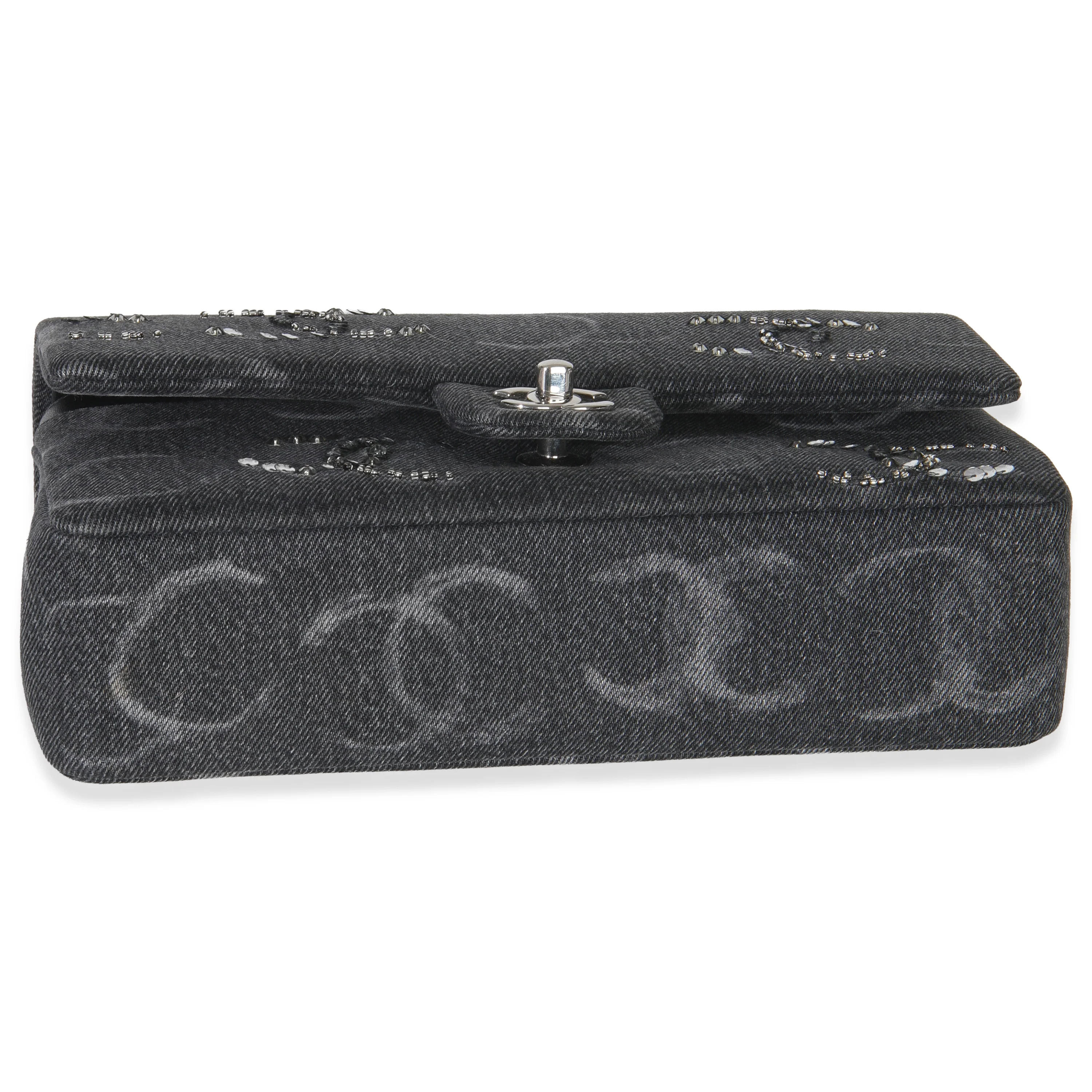Black Denim Sequin CC Medium Classic Double Flap Bag - Image 5