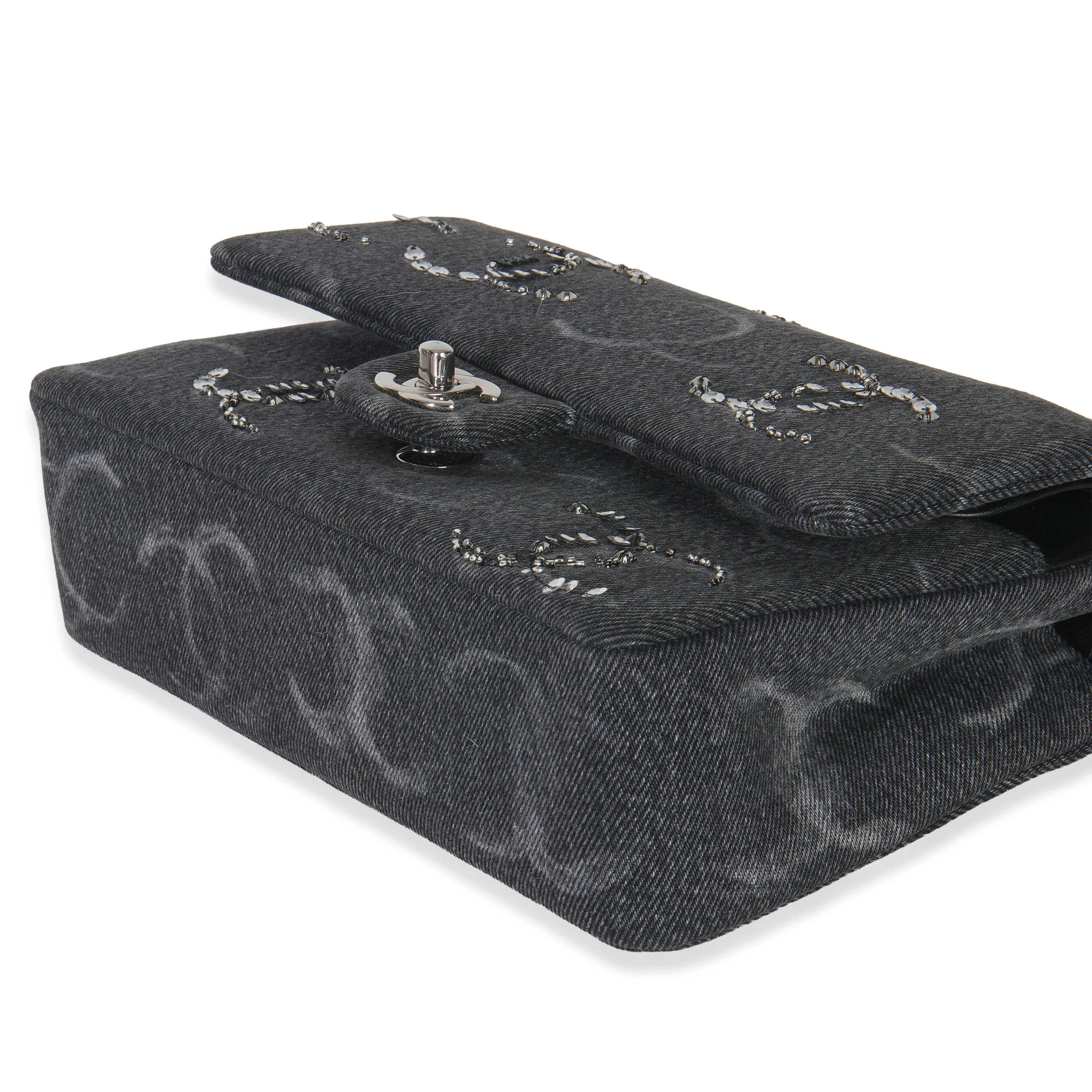 Black Denim Sequin CC Medium Classic Double Flap Bag - Image 7