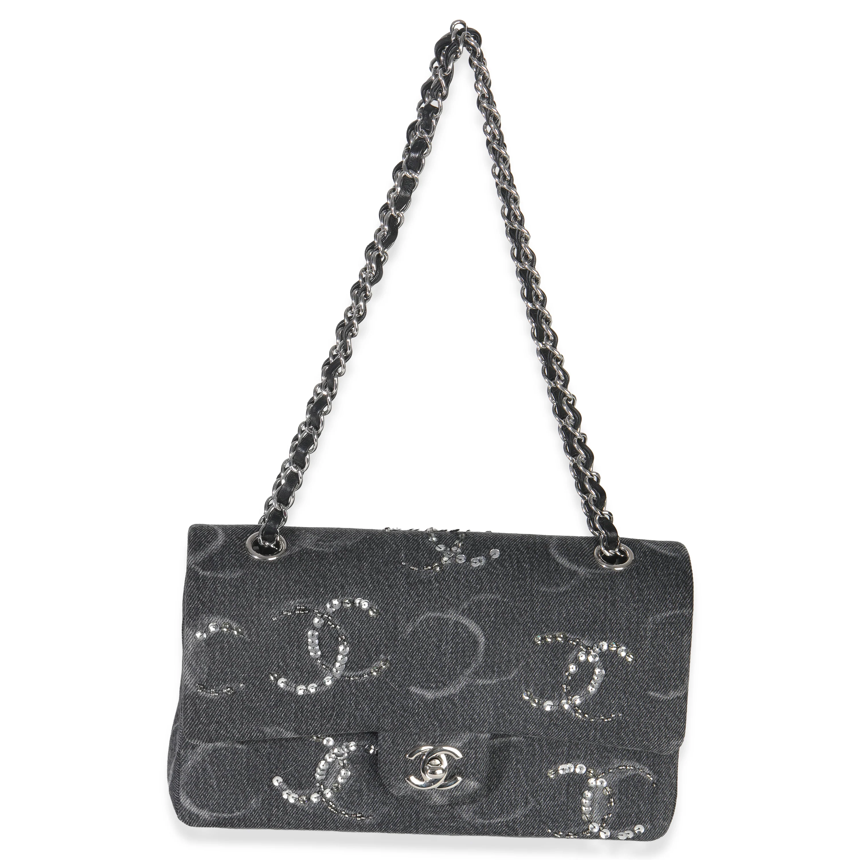 Black Denim Sequin CC Medium Classic Double Flap Bag - Image 8