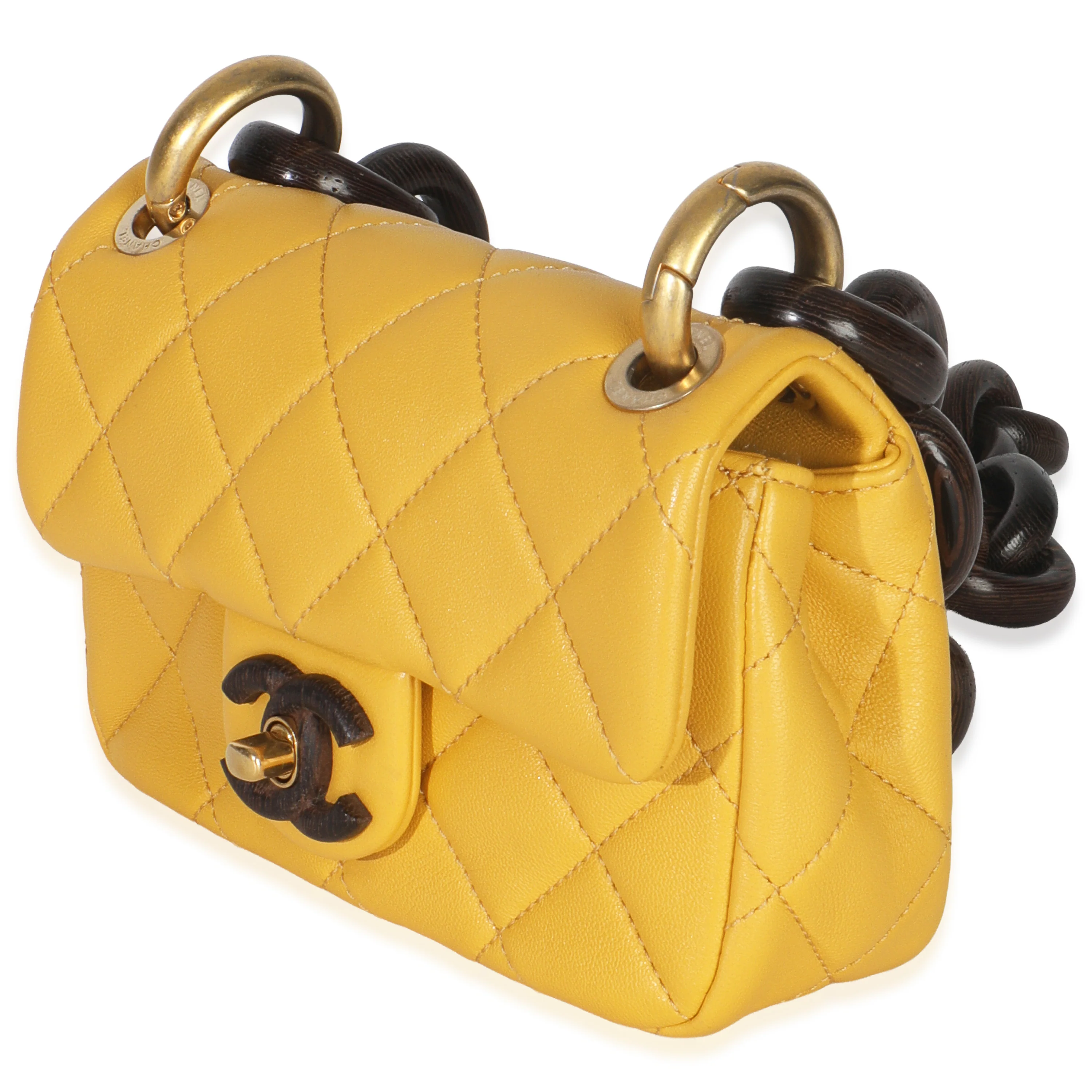Yellow Quilted Lambskin Wenge Wood Mini Flap Bag - Image 4