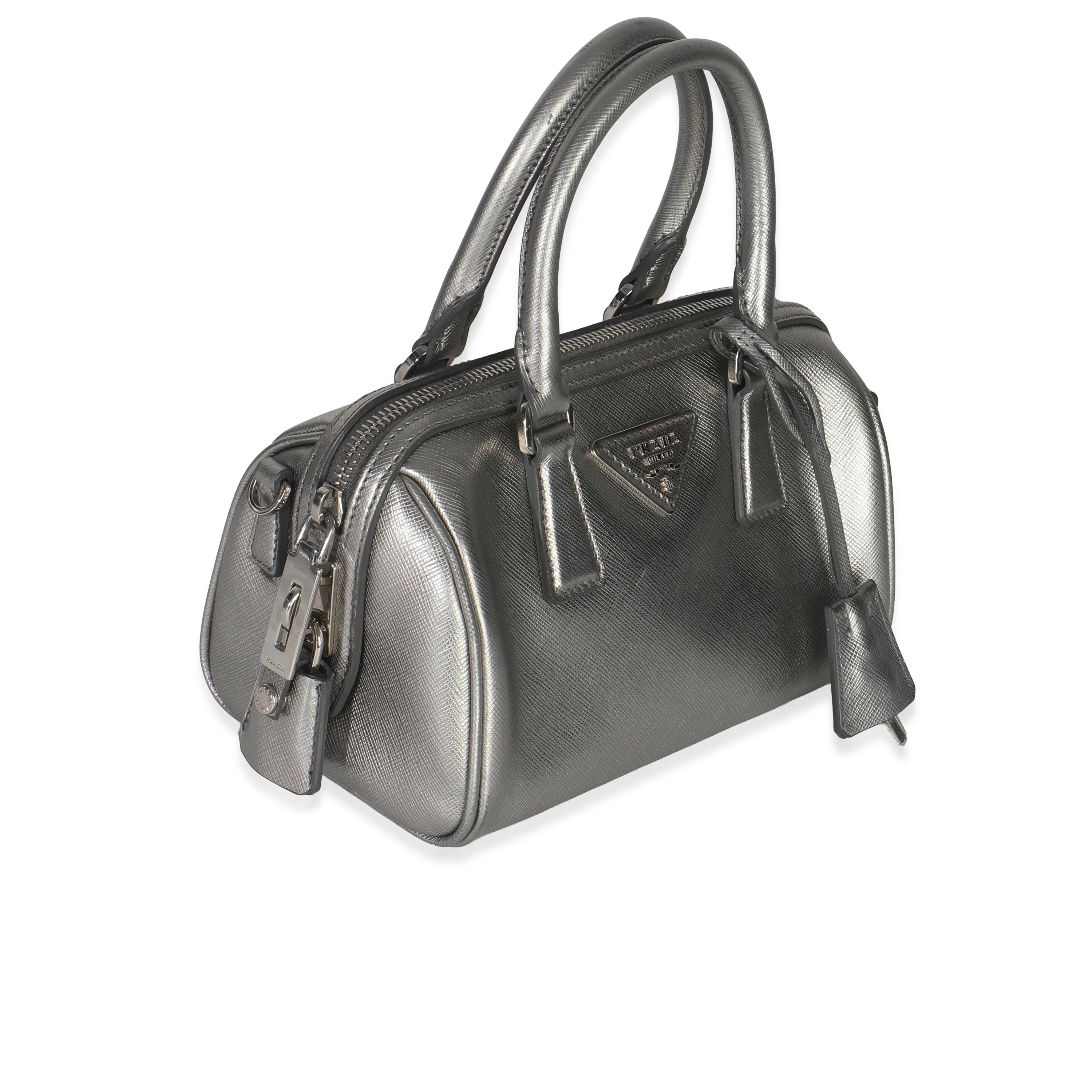 Silver Saffiano Lux Small Bauletto Bag - Image 3