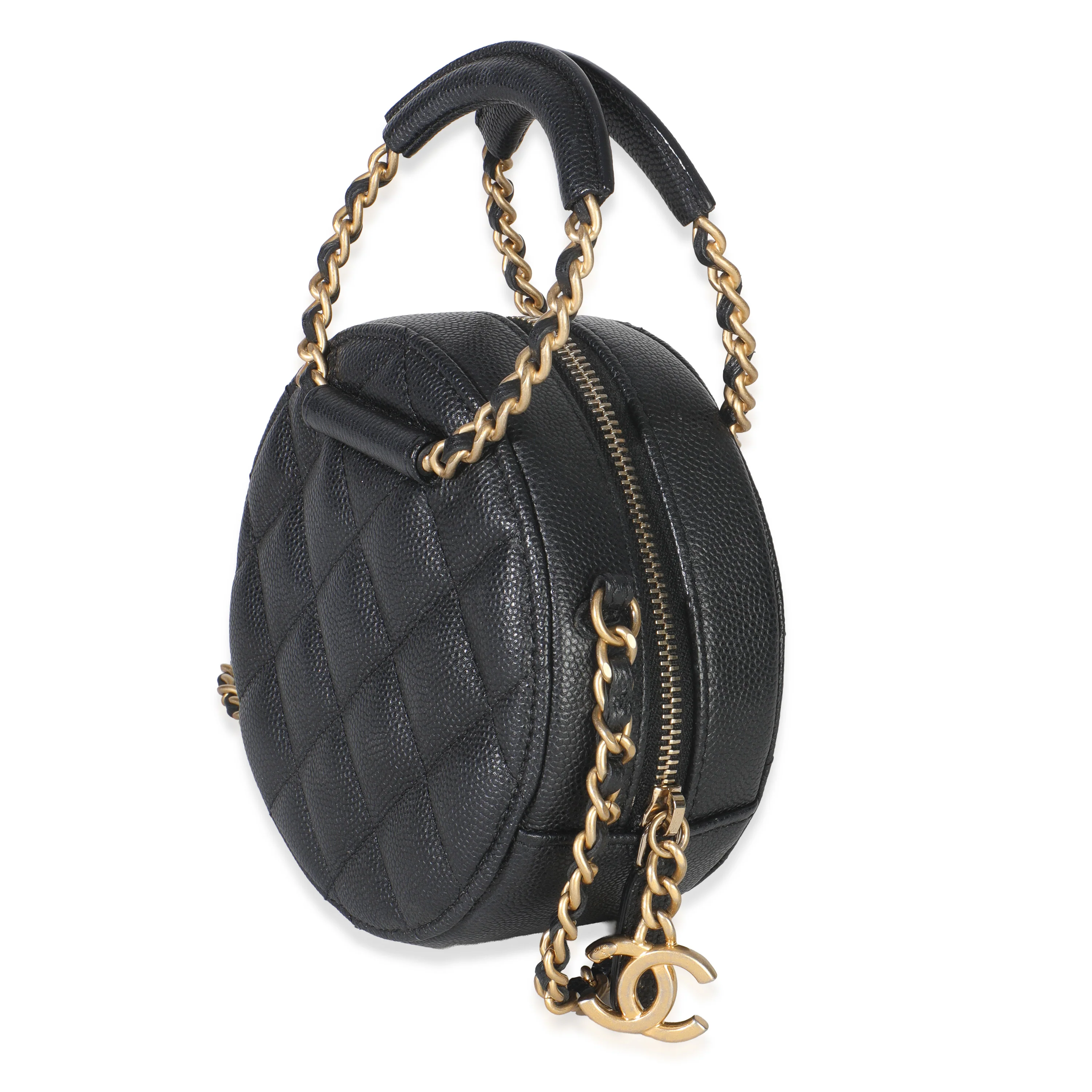 Black Quilted Caviar In The Loop Mini Round Clutch Handbag With Chain - Image 2