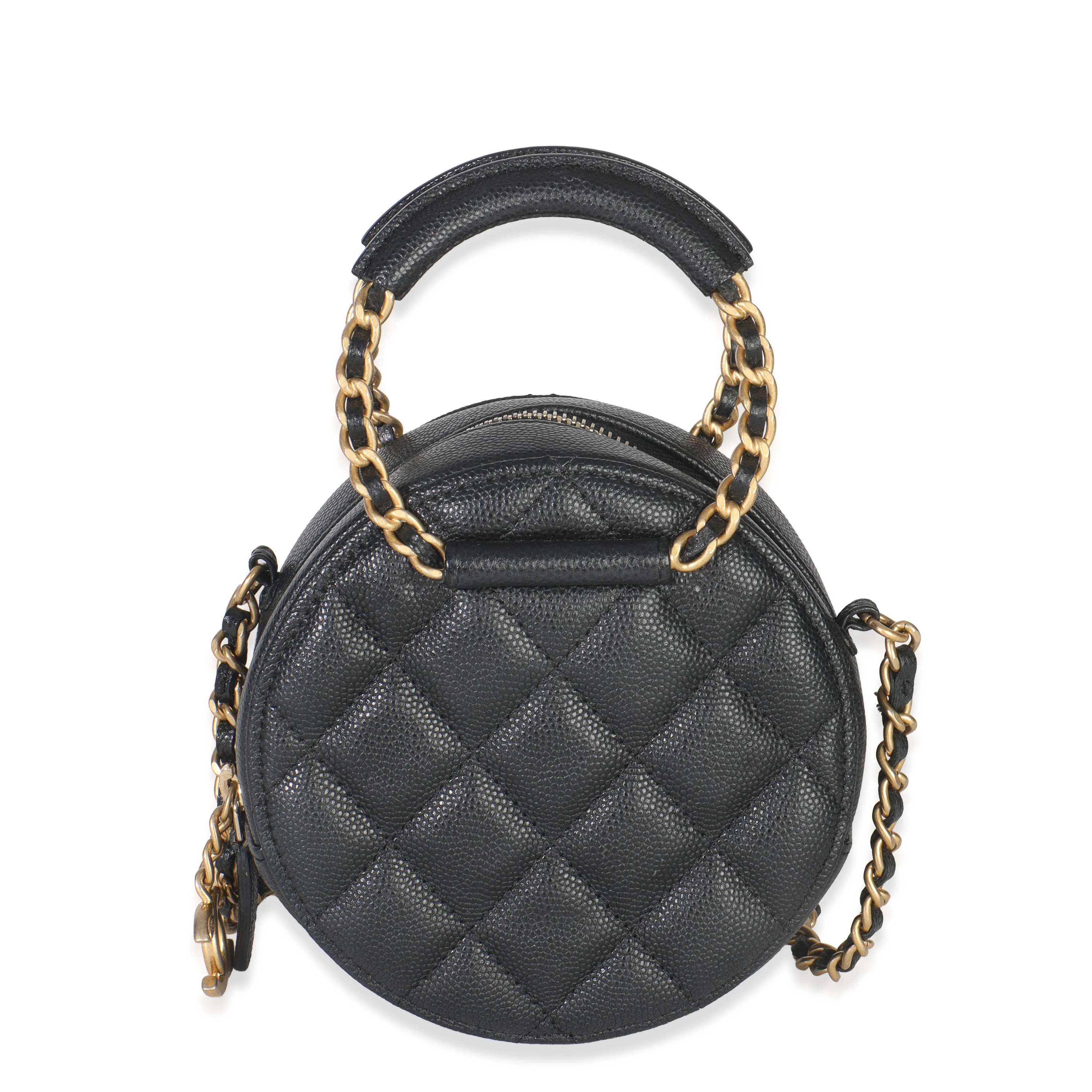Black Quilted Caviar In The Loop Mini Round Clutch Handbag With Chain - Image 4