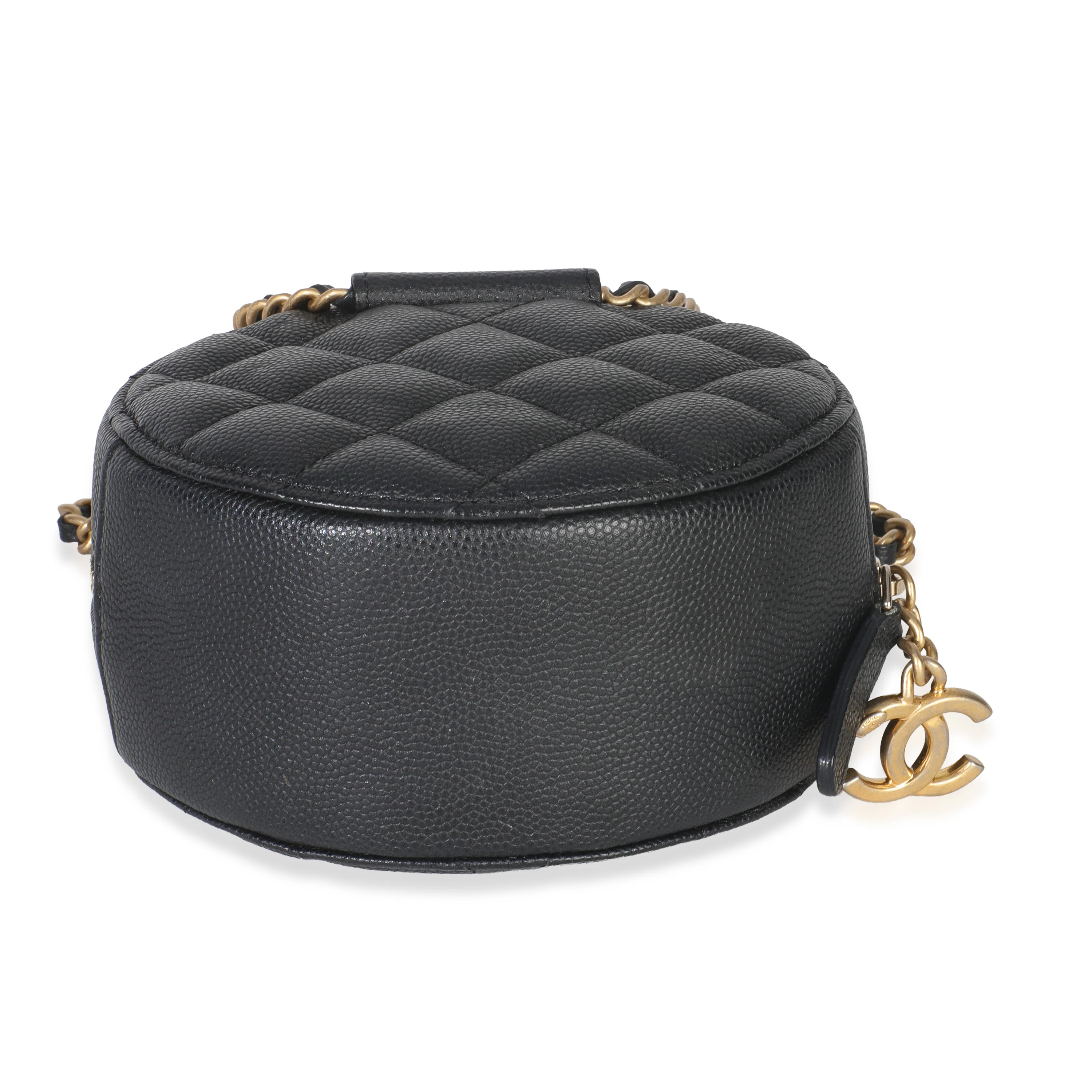 Black Quilted Caviar In The Loop Mini Round Clutch Handbag With Chain - Image 5