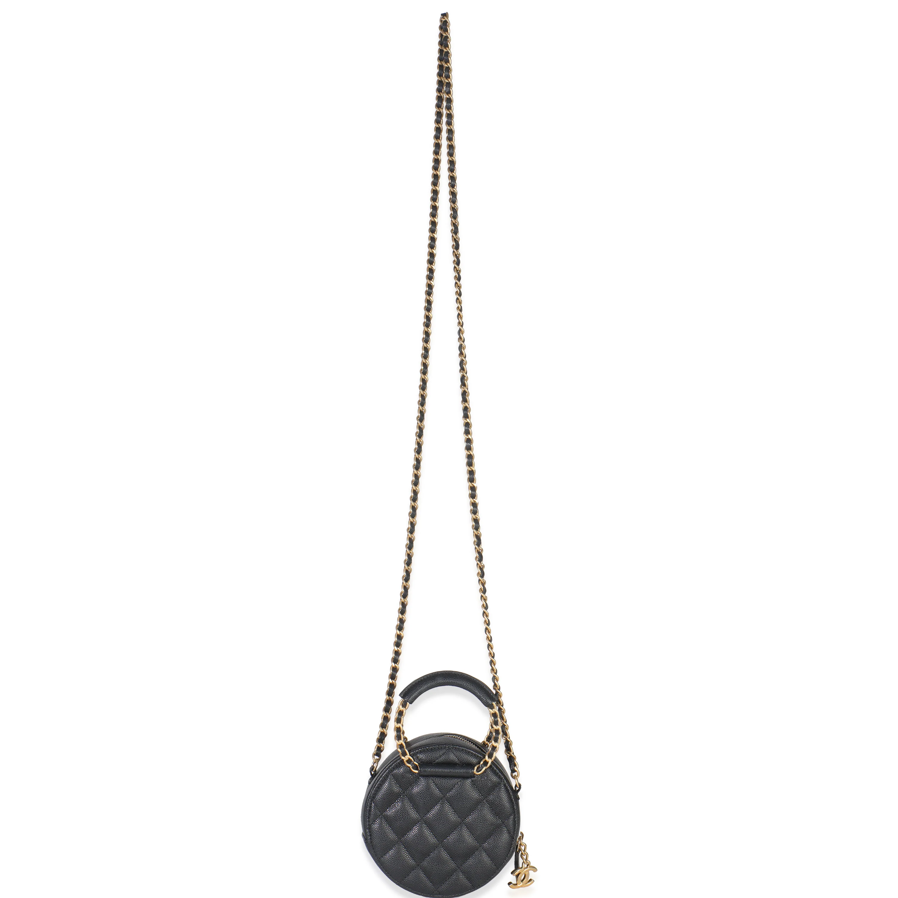 Black Quilted Caviar In The Loop Mini Round Clutch Handbag With Chain - Image 7