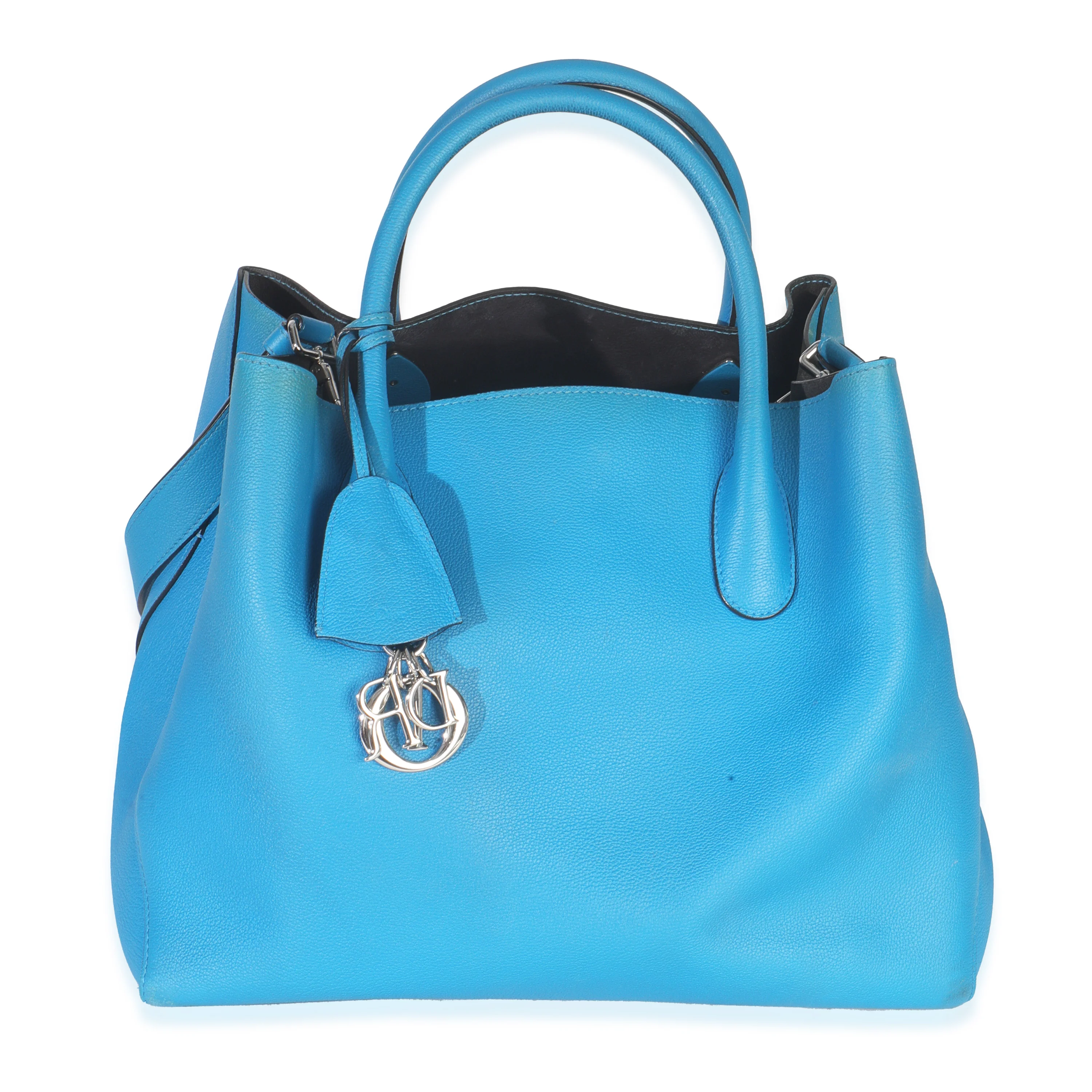 Blue Supple Grained Calfskin Large Open Bar Tote
