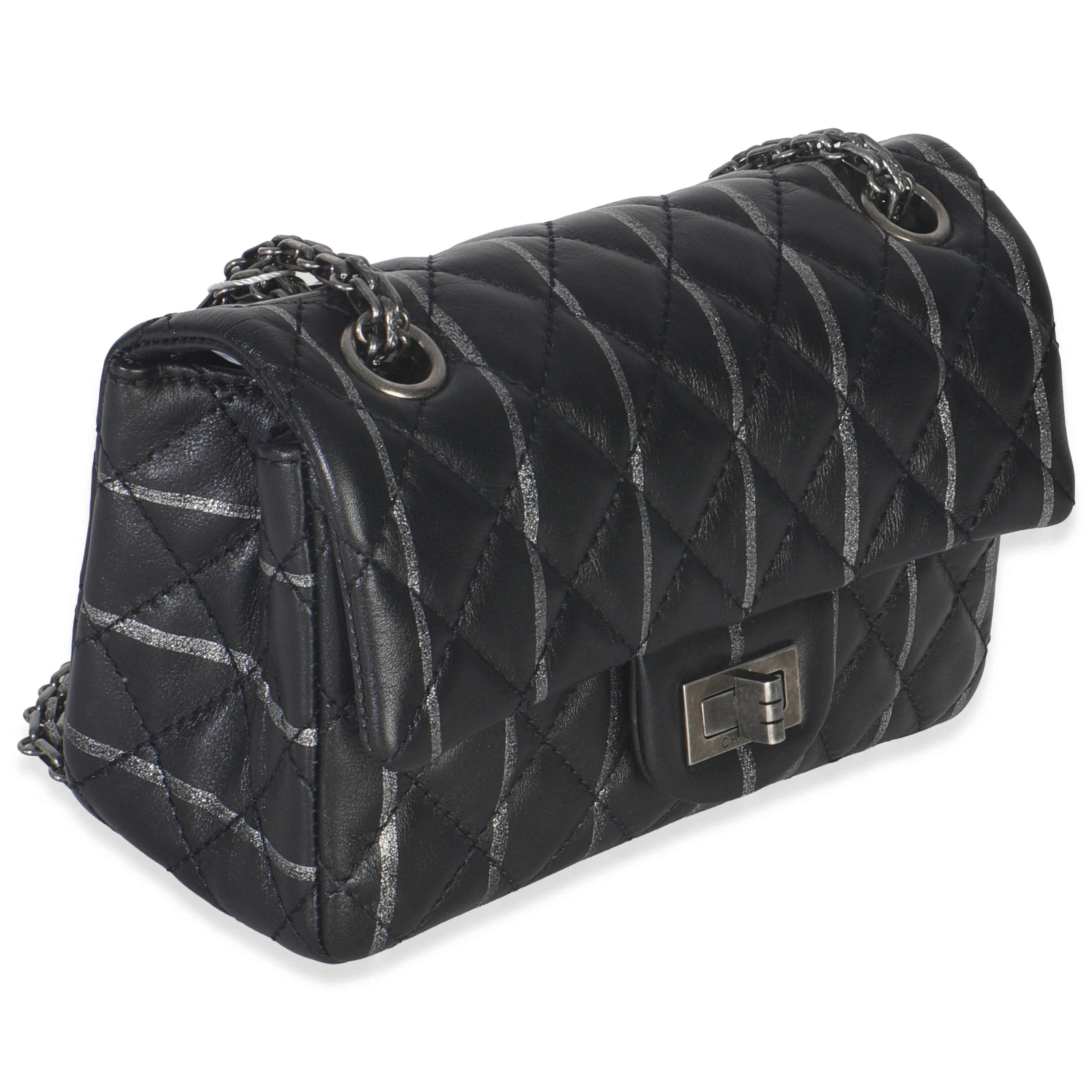 Black Quilted Aged Calfskin Glitter Stripe Mini Reissue 2.55 Flap Bag - Image 3