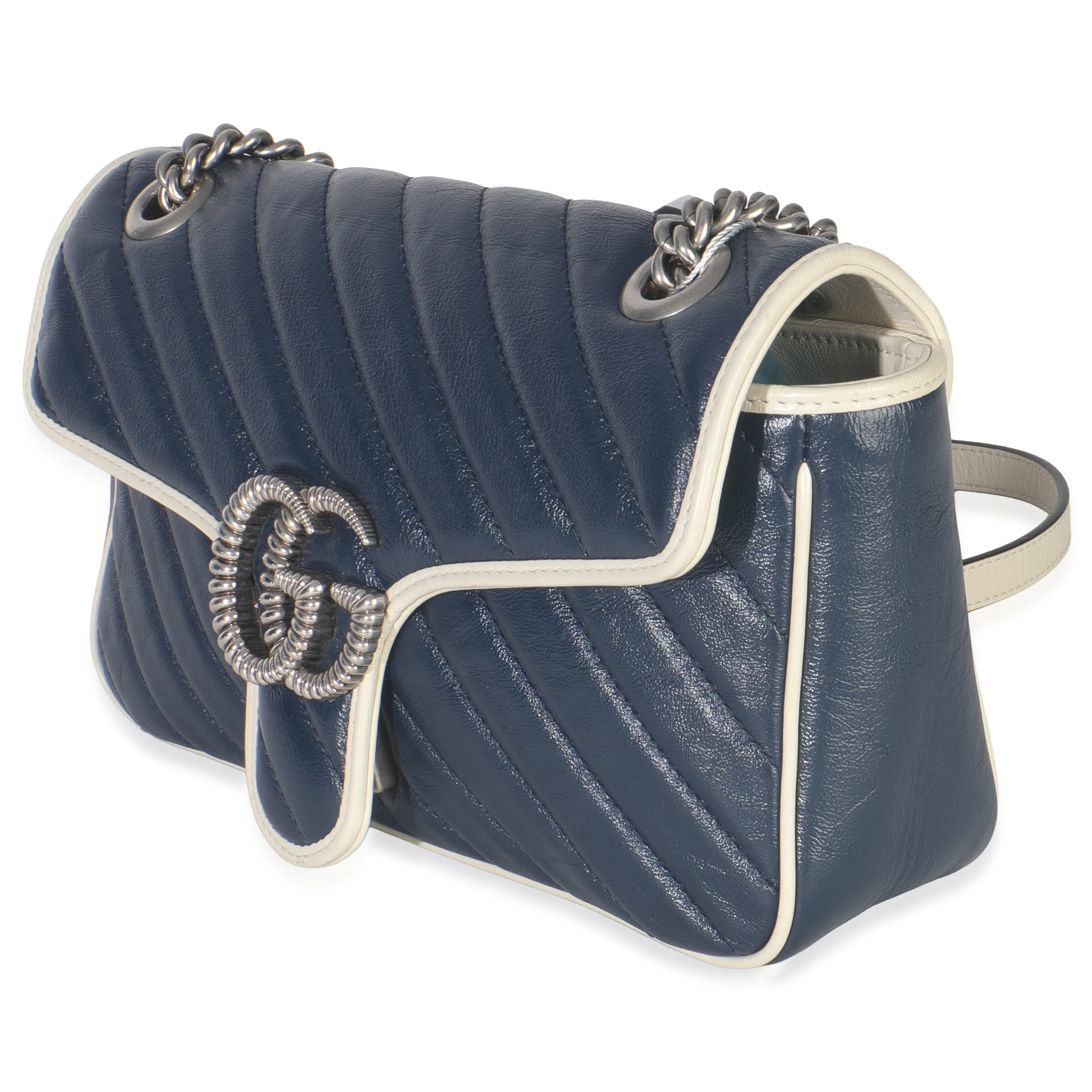 Navy White Calfskin Matelasse Diagonal Torchon Medium GG Marmont Bag - Image 2