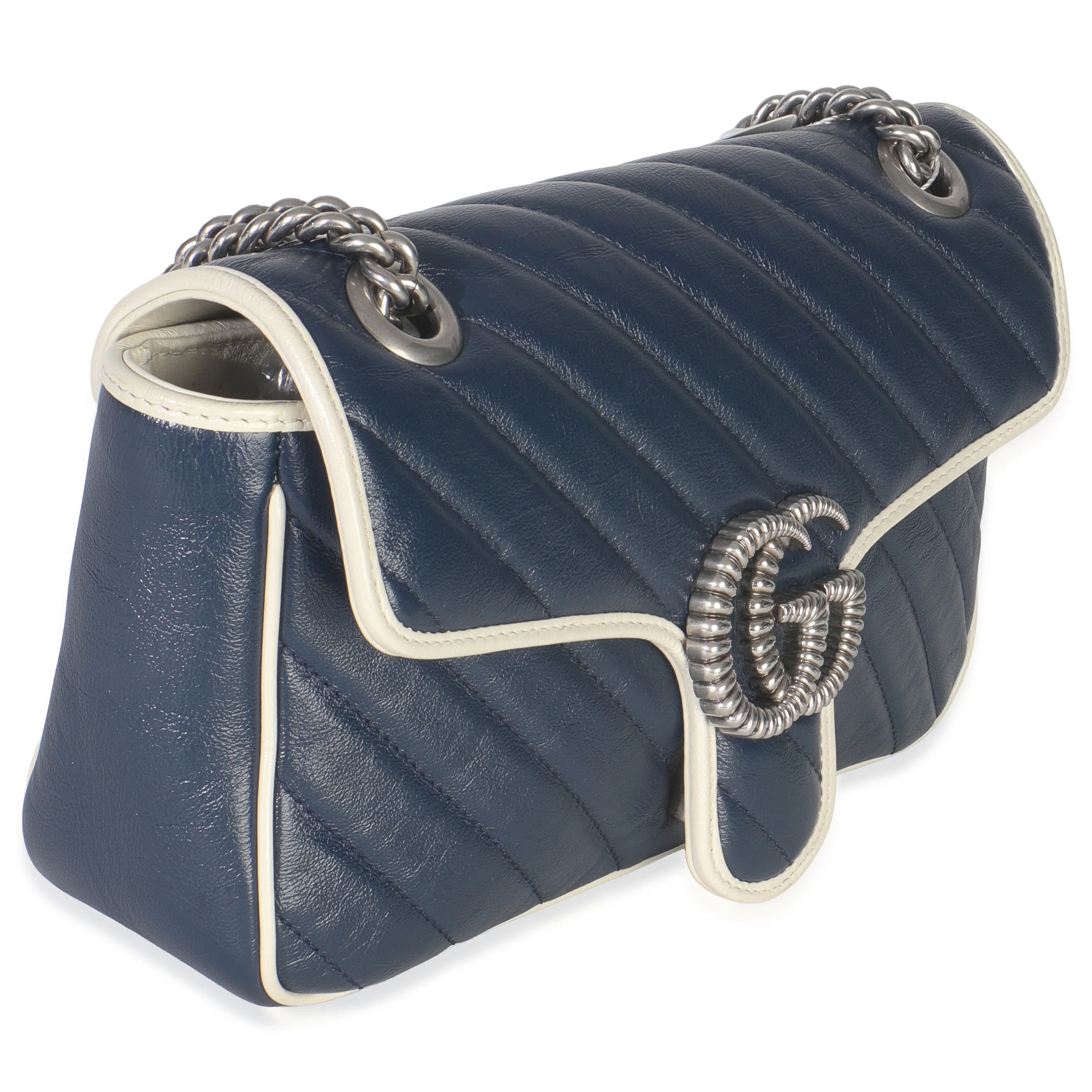 Navy White Calfskin Matelasse Diagonal Torchon Medium GG Marmont Bag - Image 3