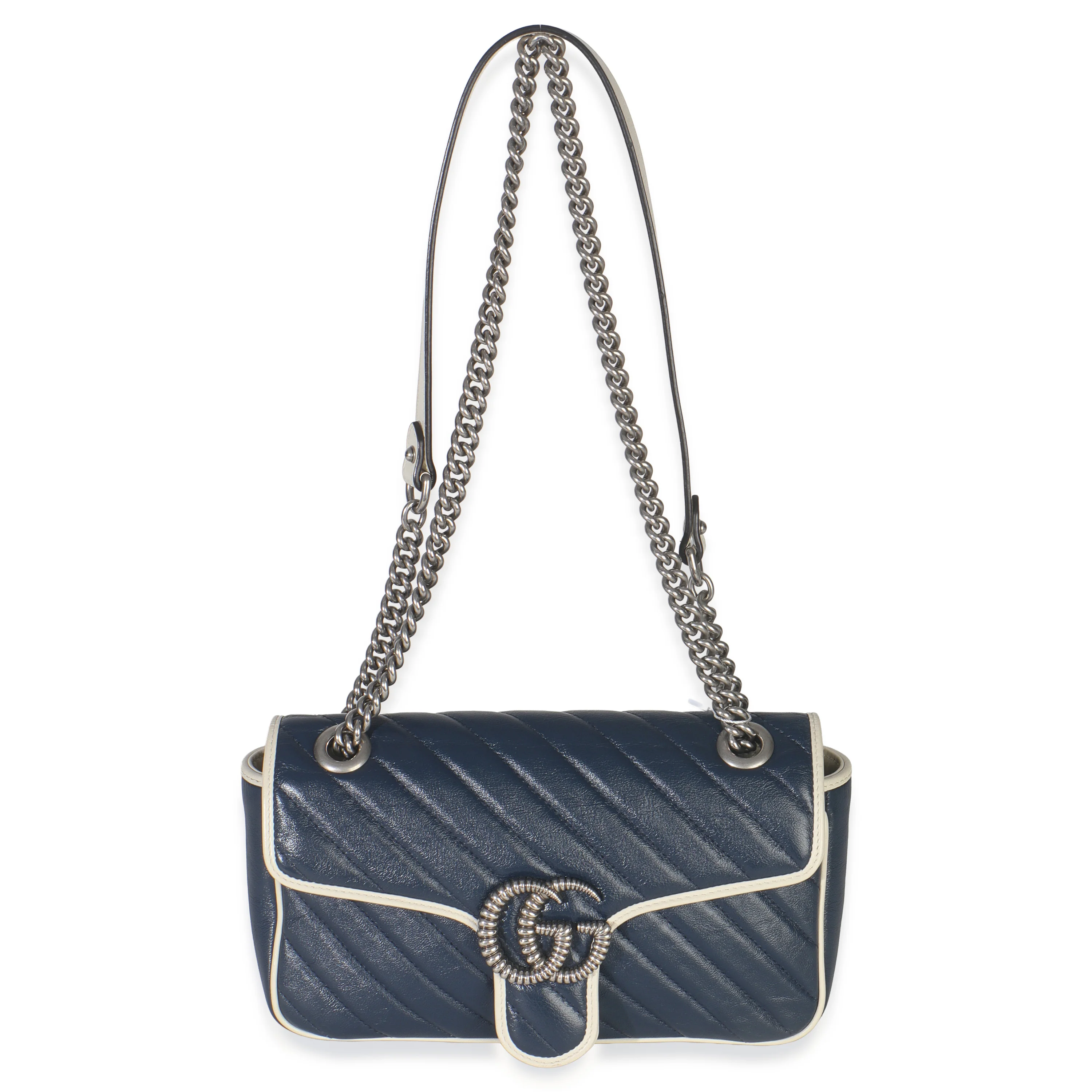 Navy White Calfskin Matelasse Diagonal Torchon Medium GG Marmont Bag - Image 8