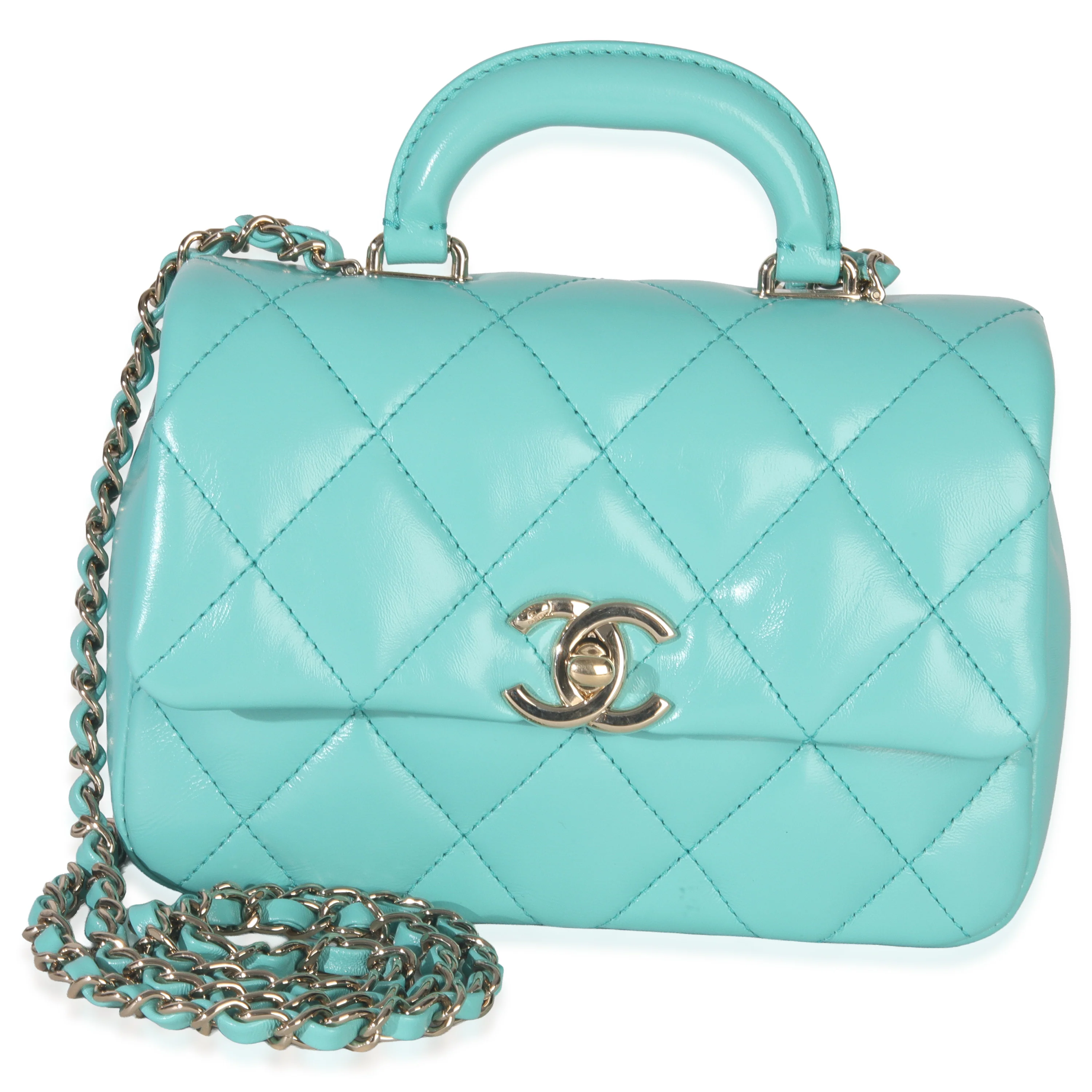 Teal Quilted Calfskin Top Handle Flap Bag