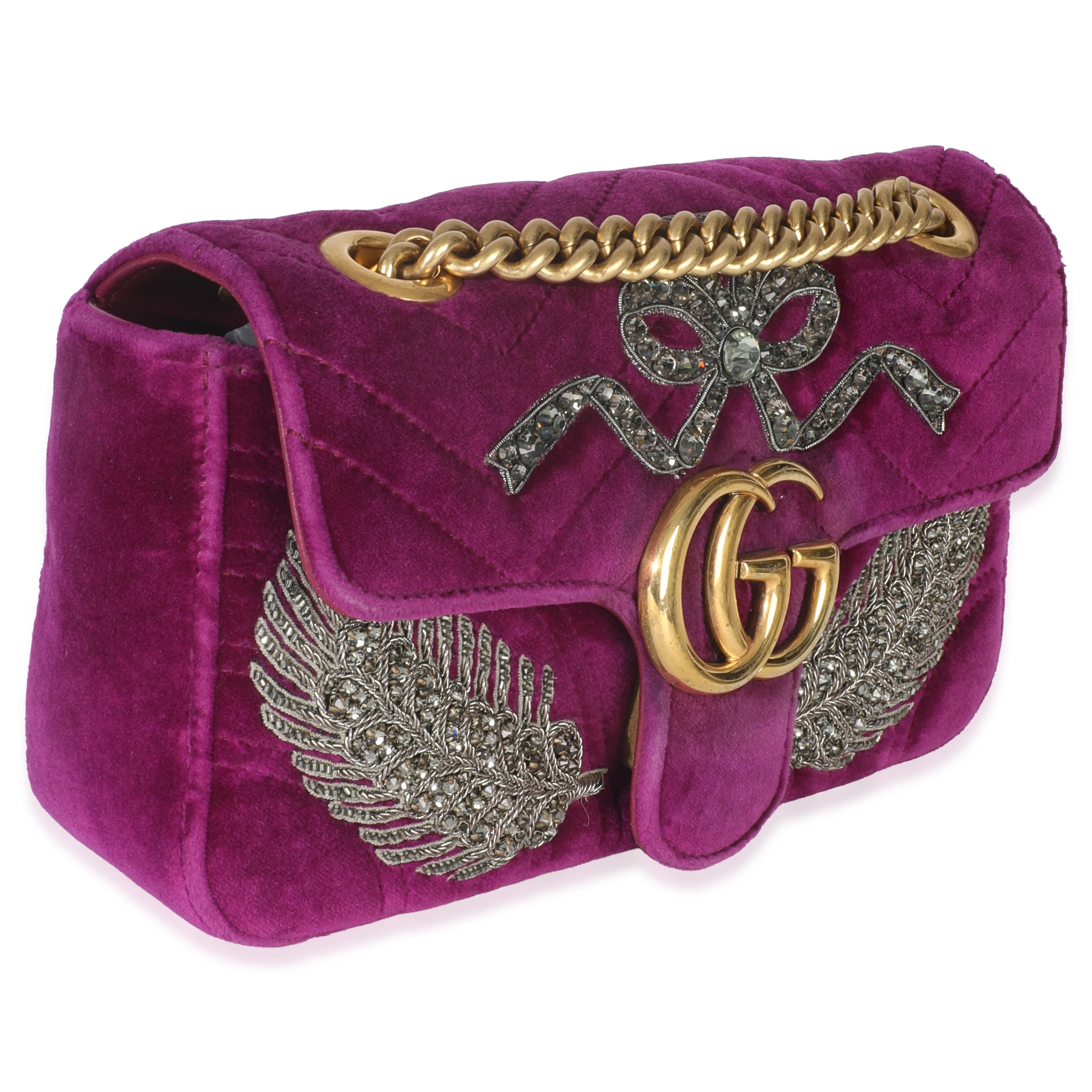Purple Matelasse Velvet Embroidered Mini GG Marmont Bag - Image 3