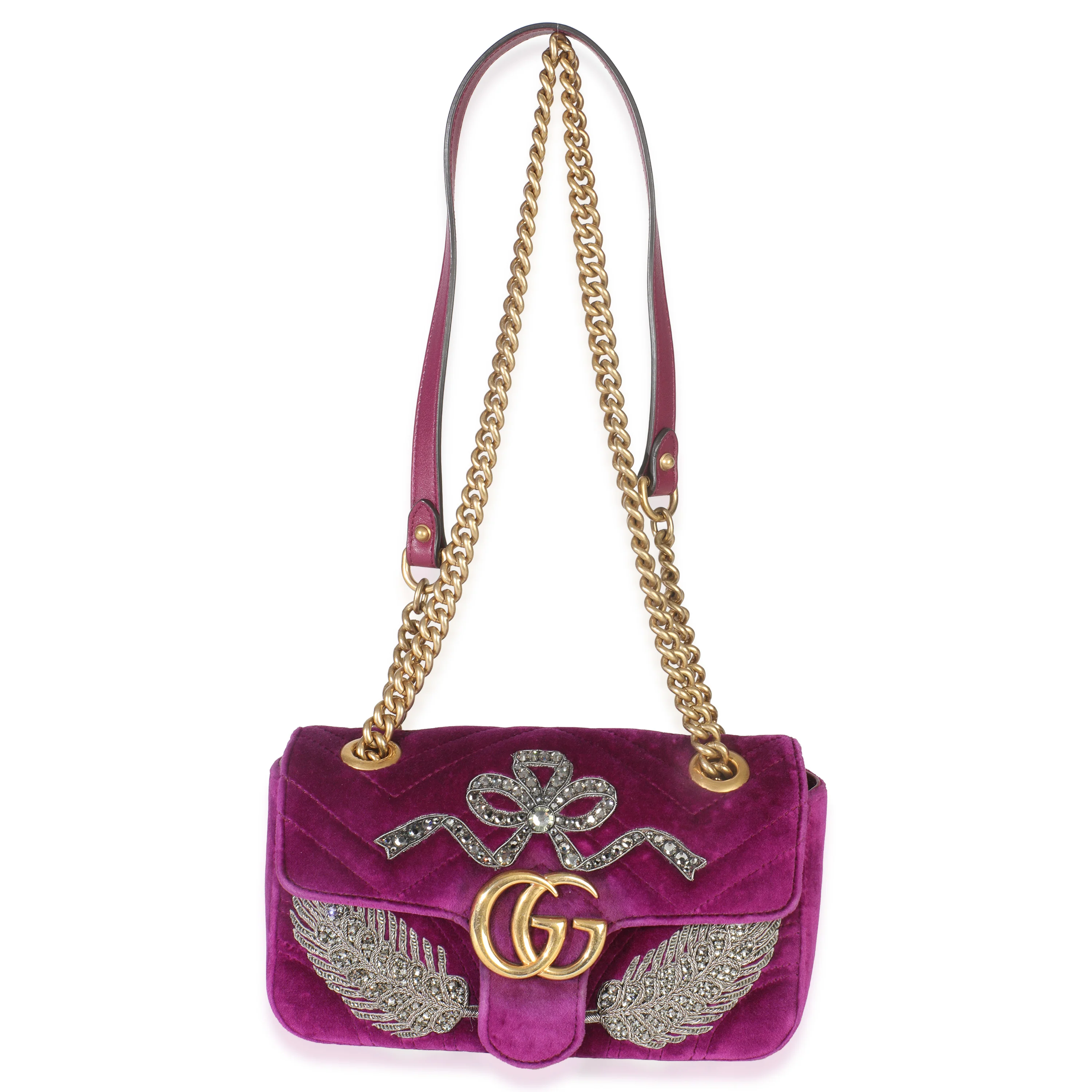 Purple Matelasse Velvet Embroidered Mini GG Marmont Bag - Image 8