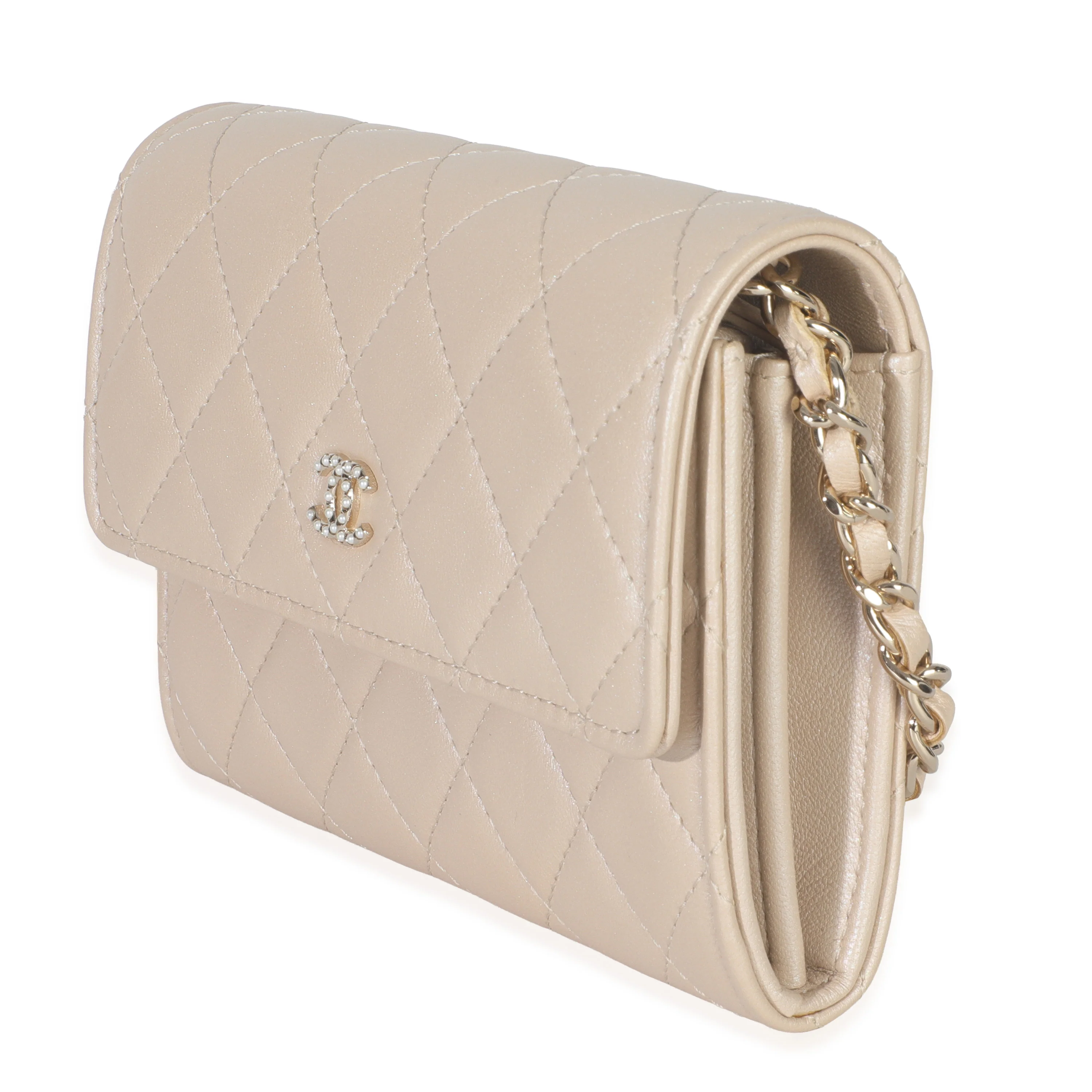 Beige Iridescent Quilted Lambskin Paris Hamburg Pearl Clutch With Chain - Image 2