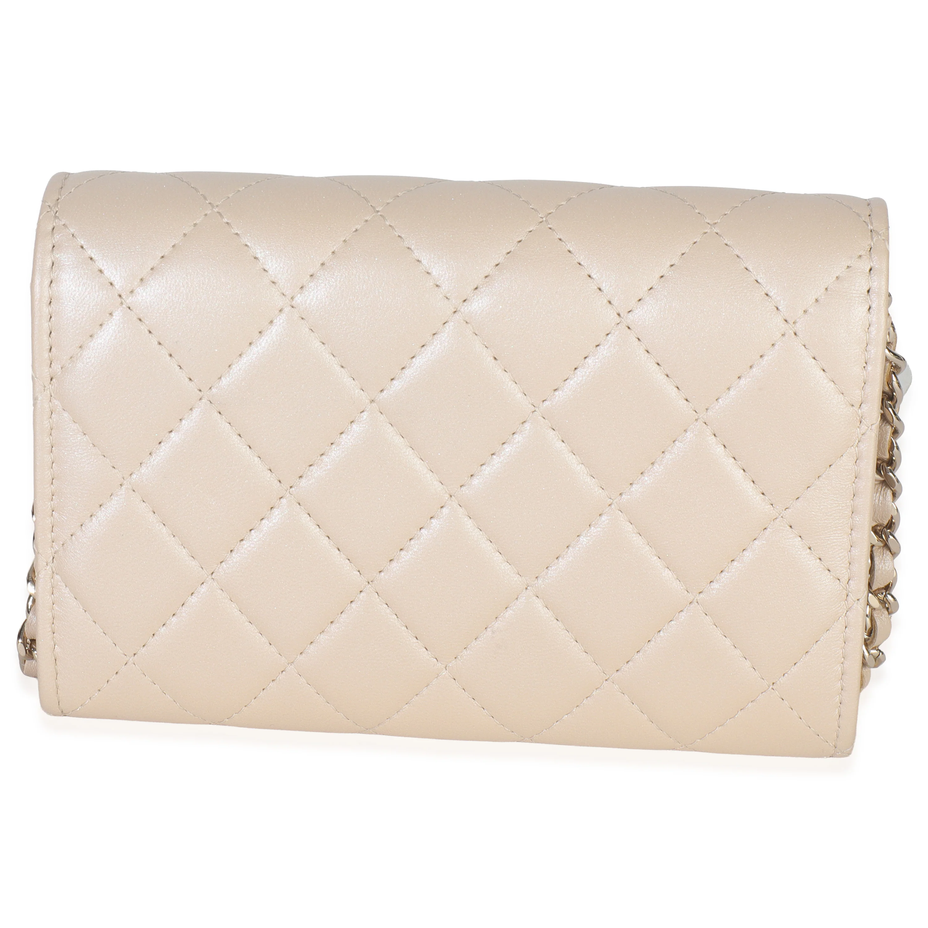 Beige Iridescent Quilted Lambskin Paris Hamburg Pearl Clutch With Chain - Image 3